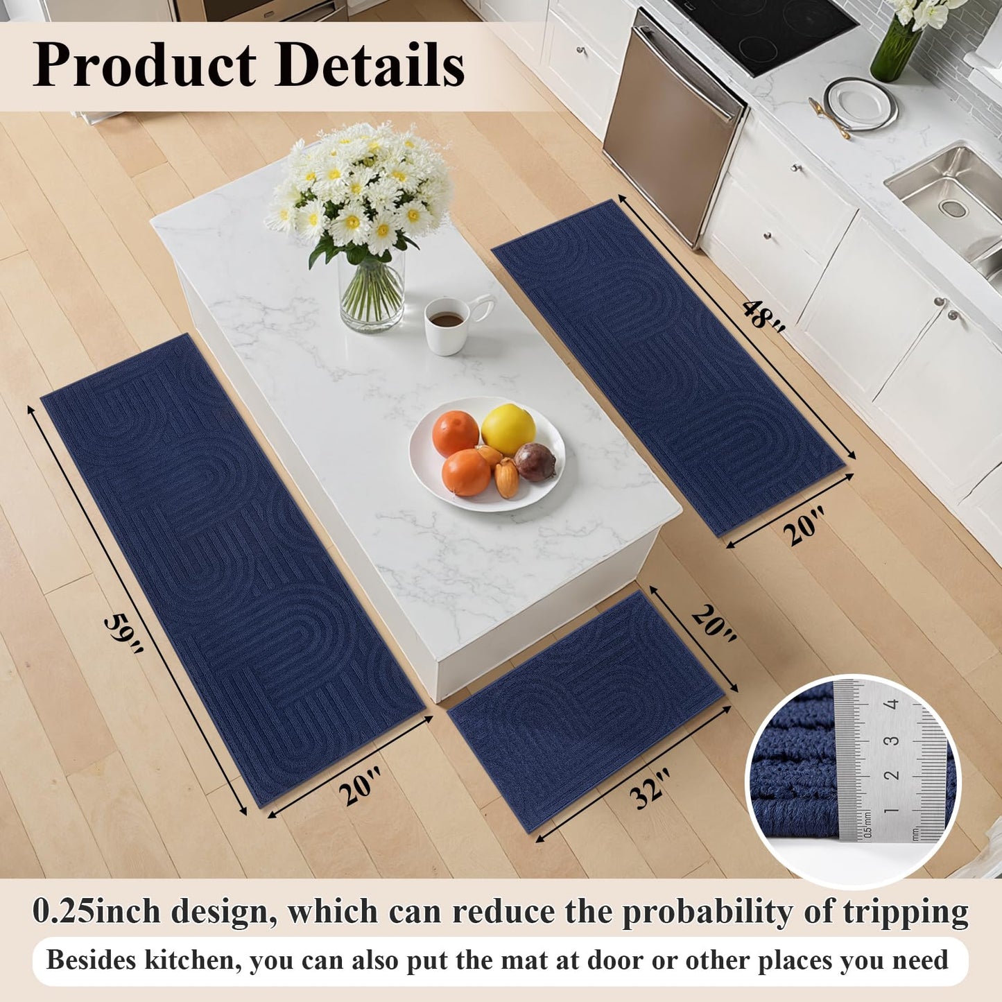 U'Artlines Kitchen Rugs and Mats Set of 3, Non Skid Washable Blue Geometric Kitchen Mats for Floor, Absorbent and Stain Resistant Floor Mat for Laundry, Sink Decor 20x32+20x48+20x59