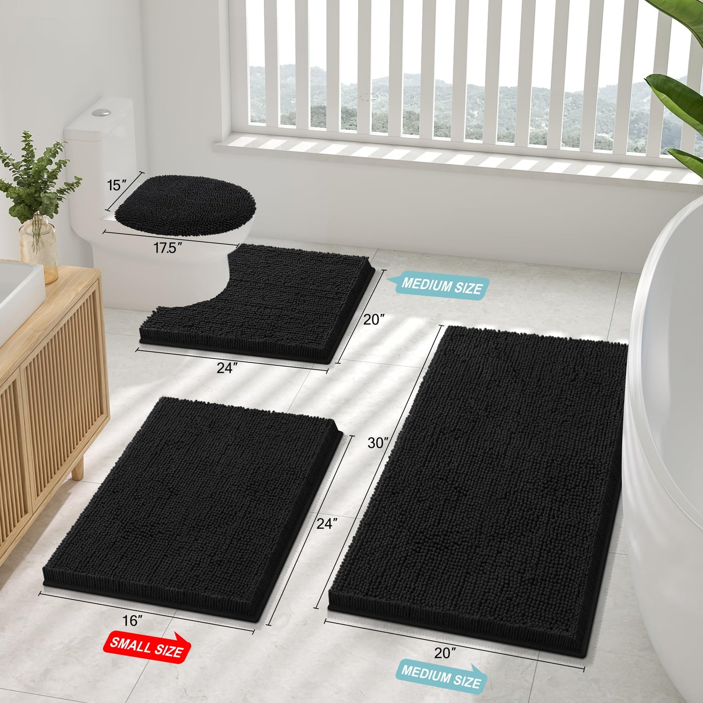 Smiry Bathroom Rugs Set 2 Piece, Soft Absorbent Chenille Bath Mat and U-Shaped Toilet Rug Set, Non Slip Shaggy Bath Carpet for Tub, Shower and Floor (24x16+24x20, Black)