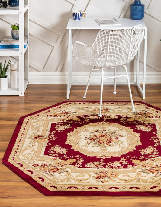 Unique Loom Versailles Collection Traditional Classic Floral Motif Area Rug (5' 0 x 5' 0 Octagon, Burgundy/Ivory)