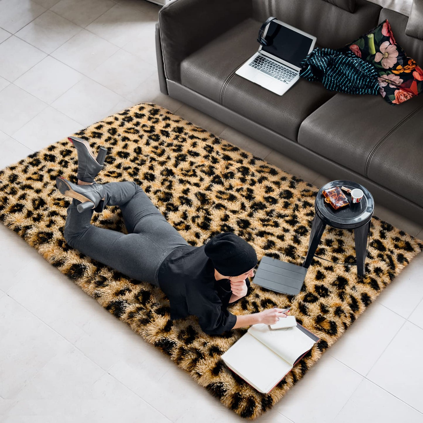 Amearea Fluffy Leopard Rug, Premium Cheetah Print Rugs, Soft Comfy Faux Fur Animal Carpet for Kids Room Bedroom, Living, Shaggy Teen Room Home Decor, Khaki 4x6 Feet