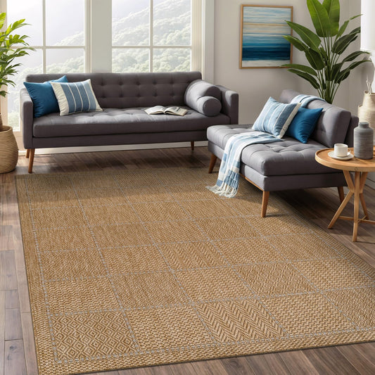 Beverly Rug Easy Jute Checkered Squared Rug 8x10 Washable Durable Indoor Outdoor Area Rugs for Living Dining Room Patio Office Stain Resistant Non Shedding Casual Indoor Outside Carpet 8 x 10 Natural