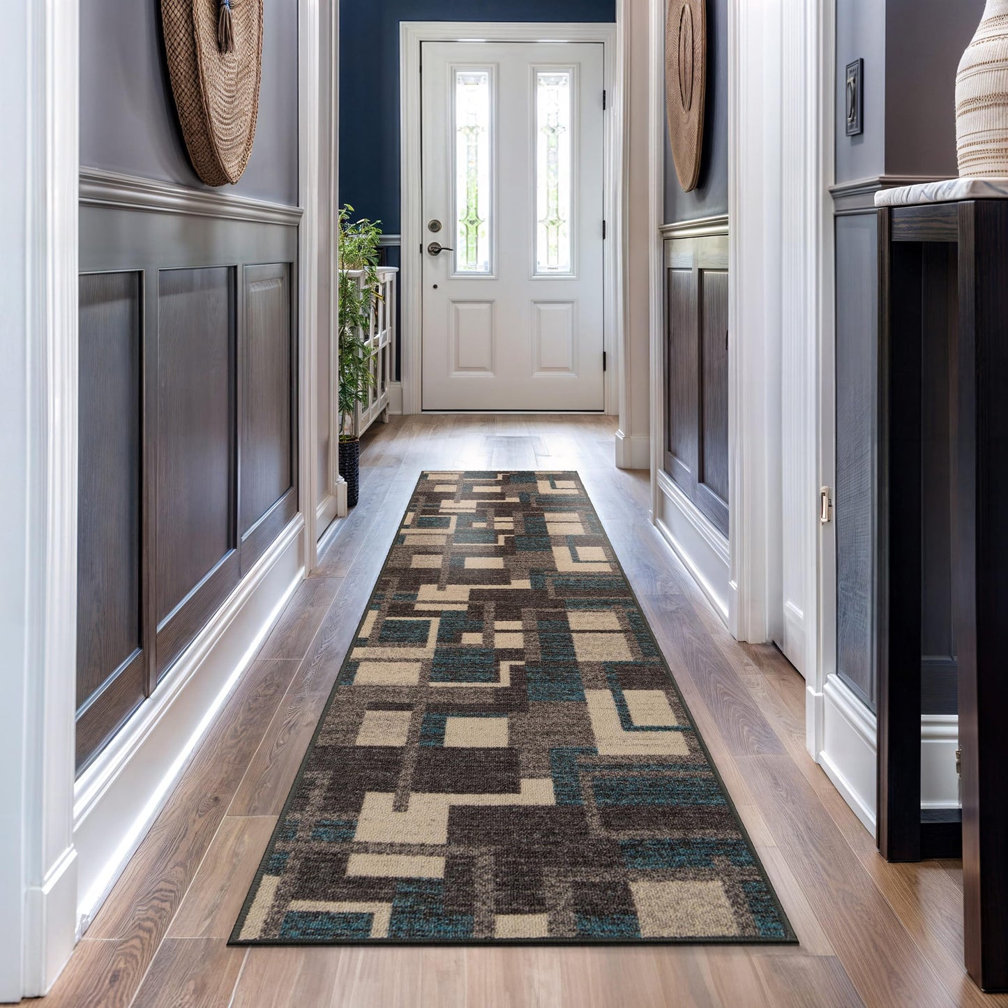 Rugshop Contemporary Geometric Power Loomed Indoor Runner Rug, Cool Slate Abstract Rectangle Design, Non-Slip Backing, Living Room Bedroom Home Office, Easy-Care Spot Clean, 2' x 12' Blue