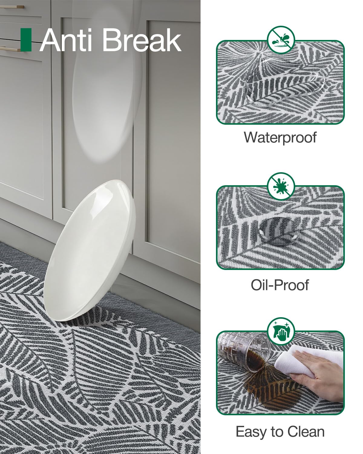 LUMI 0.9" Extra Thick Anti Fatigue Kitchen Floor Mat, High-Density Foam Standing Desk Mat, Tropical Fern Leaf Pattern, Waterproof Non-Slip Comfort Mat for Sink, Office, Laundry, 20"x48", Leaf Grey