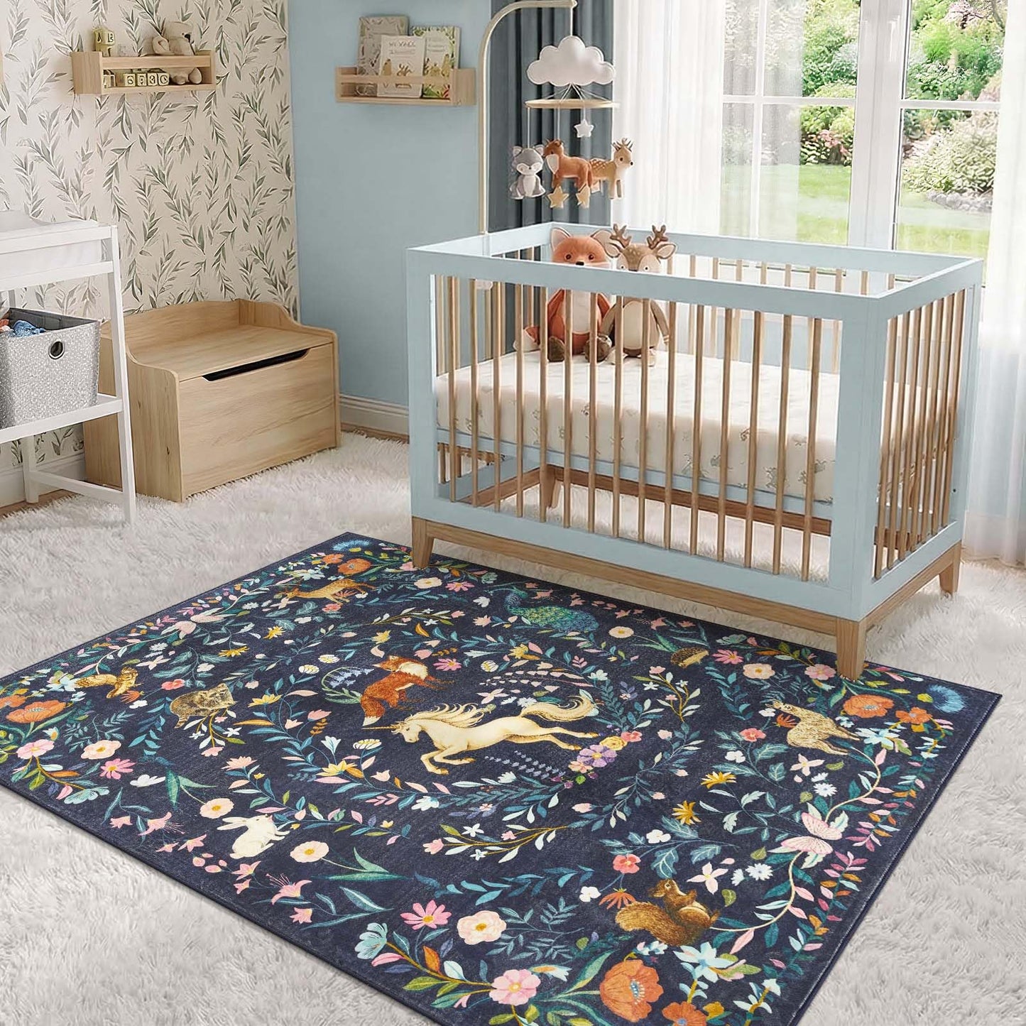 jinchan Moonrise Area Rug 5x7 Kids Room Rug Washable Unicorn Rug Soft Non-Slip Low Pile Fairytale Woodland Animals Floral Carpet for Classroom Nursery Playroom Bedroom Living Room Midnight Navy Blue
