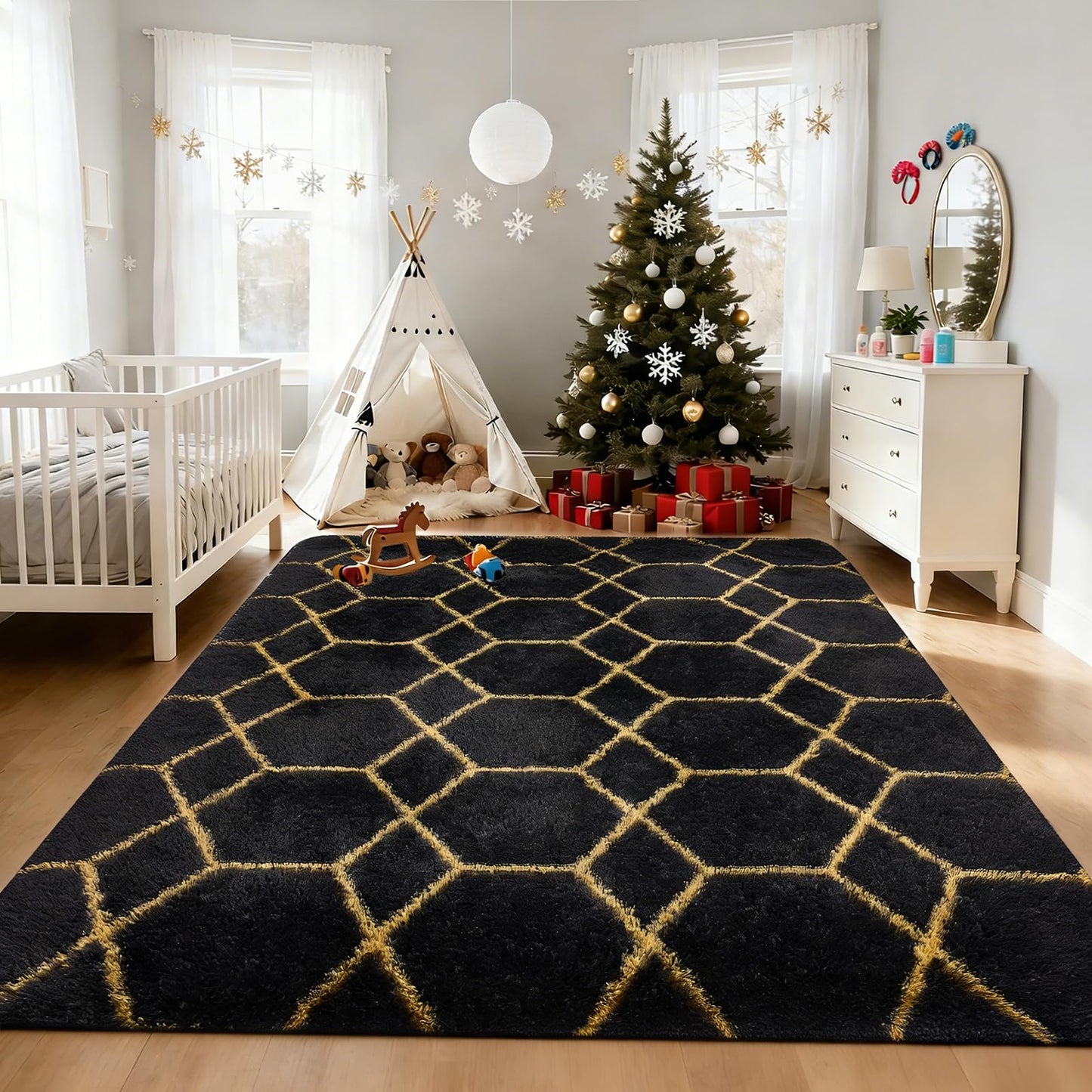 4x6 FT Soft Rug for Living Room, Geometric Shag Soft Area Rug, Classic Rug Anti-Skid High Pile Fluffy Carpet for Kids Room Nursery, Dorm Home Decor