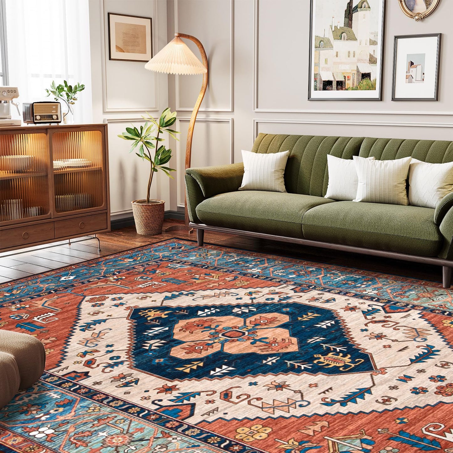 Lahome Oriental Washable Rug 6x9, Non-Slip Ultra-Thin Living Room Area Rug, Stain Resistant Vintage Carpet for Bedroom Dining Room Office Adelyn