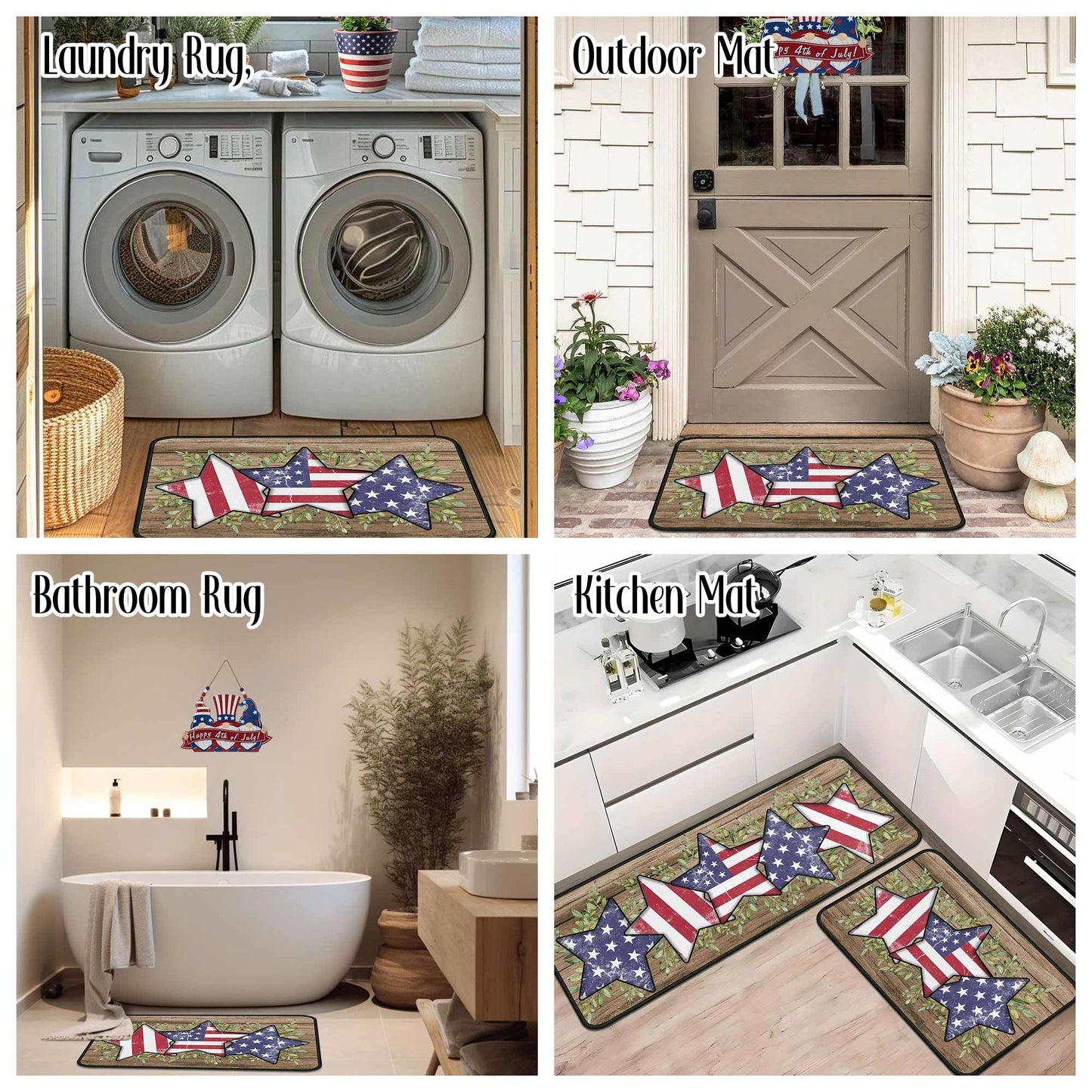 4th of July Kitchen Rugs Set of 2, Blue American Flag Stars Rug Forth of July Decorations Non Slip Backing Patriotic Kitchen Mats for Floor Memorial Day Home Decor (4th of July 2, 17"x47.2"+17"x30")
