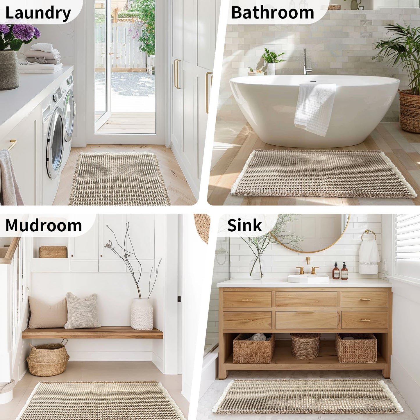 GRLYUH Waffle Bath Mat - Boho Bathroom Rugs Non Slip Washable, Super Absorbent & Quick Dry, Soft Bath Mat Farmhouse Bathroom Decor, 24'' x 36'', Khaki and White
