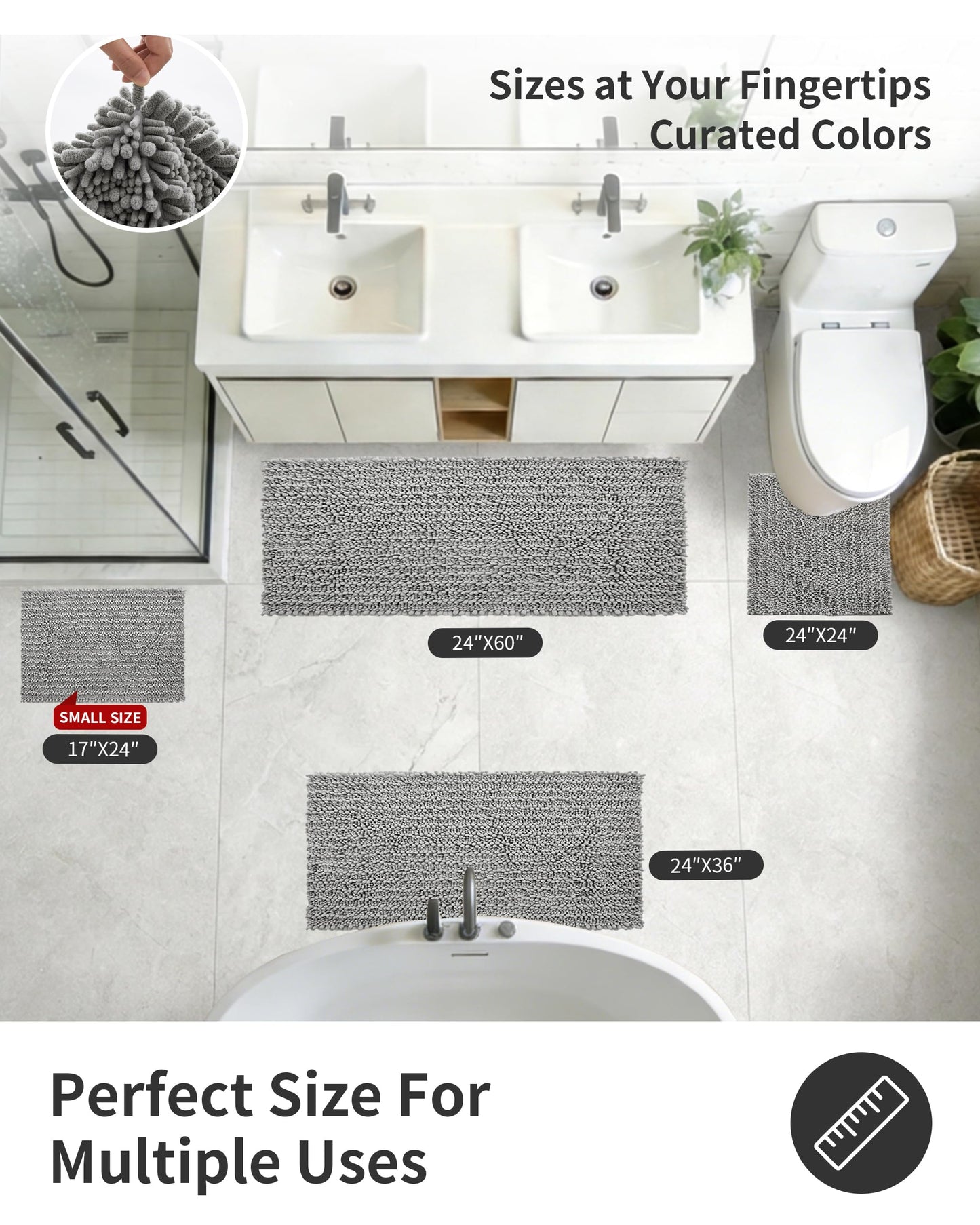 ILANGO Bathroom Rugs Light Grey 36x24,Extra Soft Absorbent Chenille Bath Rugs,Thick Non-Slip Shaggy Bath Mat,Machine Washable Quick Dry Bath Mats for Bathroom Floor, Tub, Shower Accessories