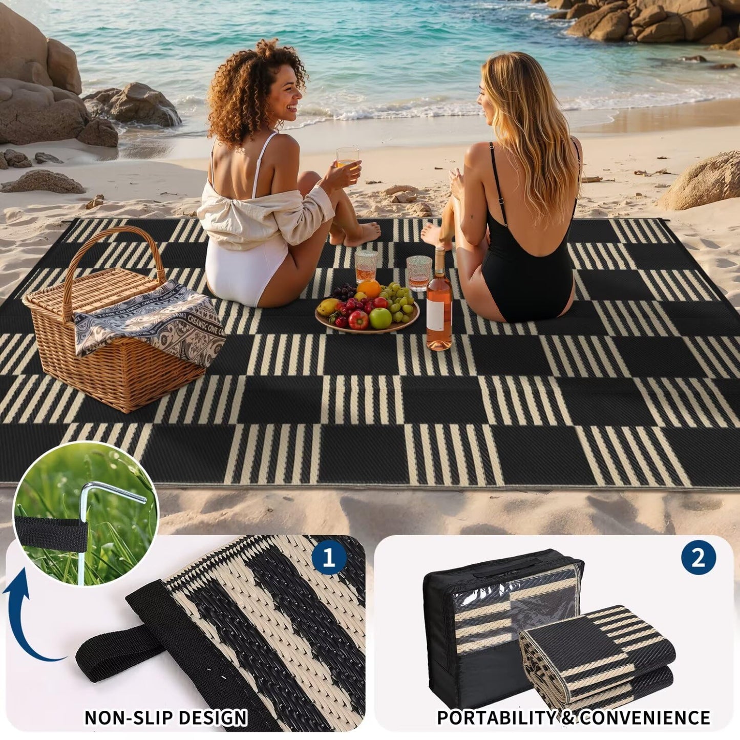Garvee Waterproof Outdoor Rug 5x8, Checkered Foldable Plastic Straw Patio Camping Rug, Outdoor RV Carpet for Deck Camper Porch Balcony Backyard Picnic Beach Black and Brown