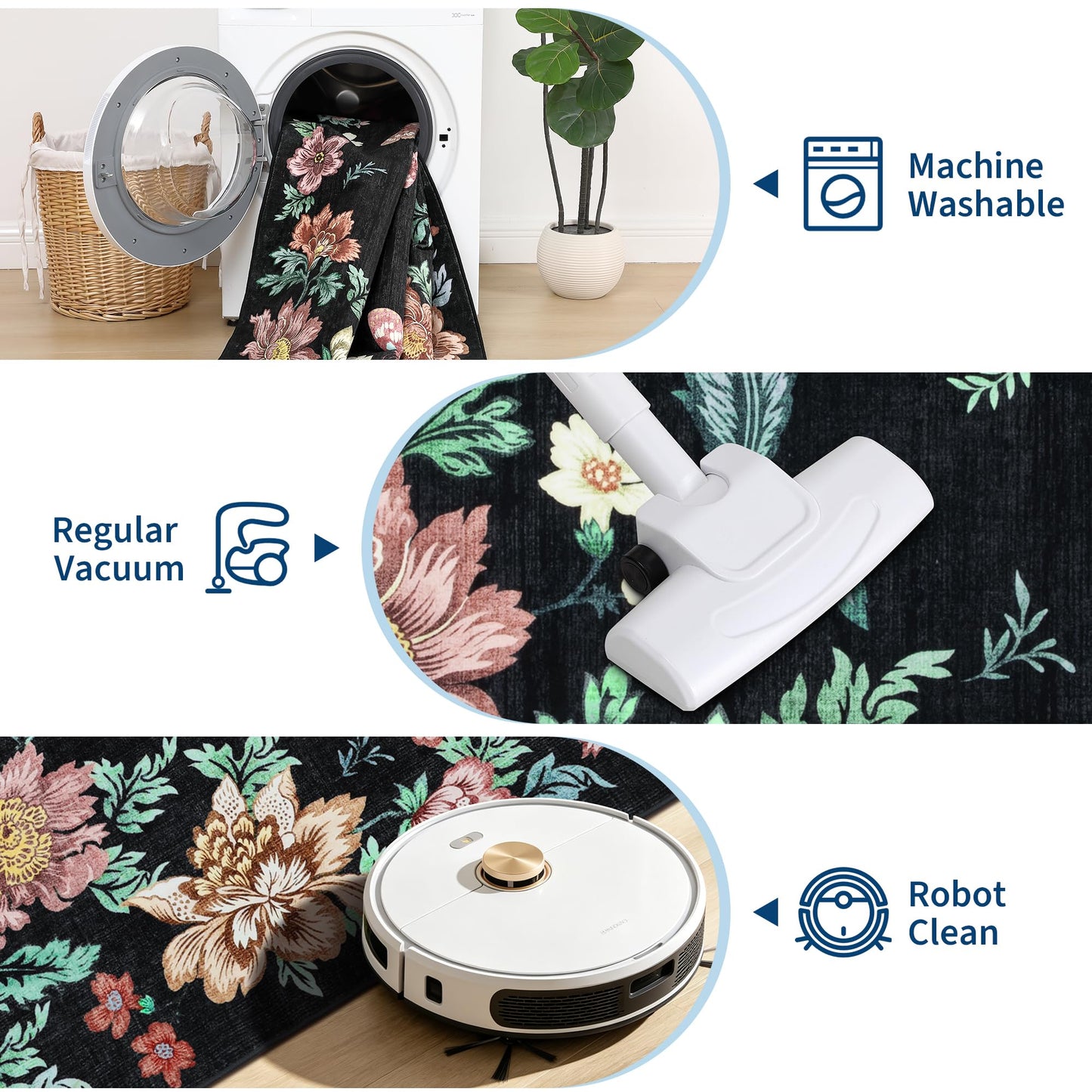 IDEALHOUSE Washable Area Rug, Soft Pearl Velvet Carpet, Non Slip Low Pile, Stain Resistance, Machine Washable Foldable Rug, Floral Pattern Modern, for Living Room, Bedroom, Dining Room, Black