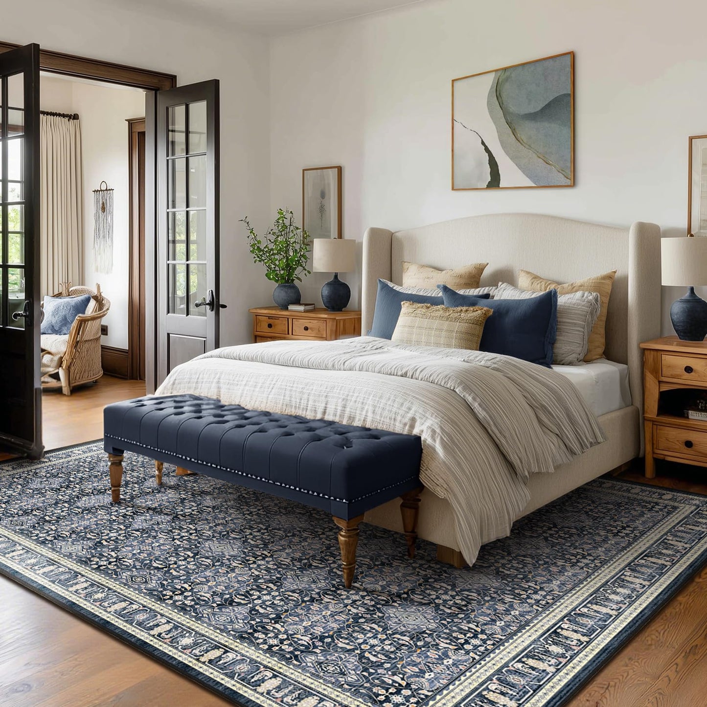 Jainmy Boho Floral Moroccan Trellis Large Area Rugs 9x12 for Living room, Dark Blue Classic Transitional Style Room Carpet Rug for Bedroom Dining Room, Washable Rug with Rubber Back Low Pile Thin Soft