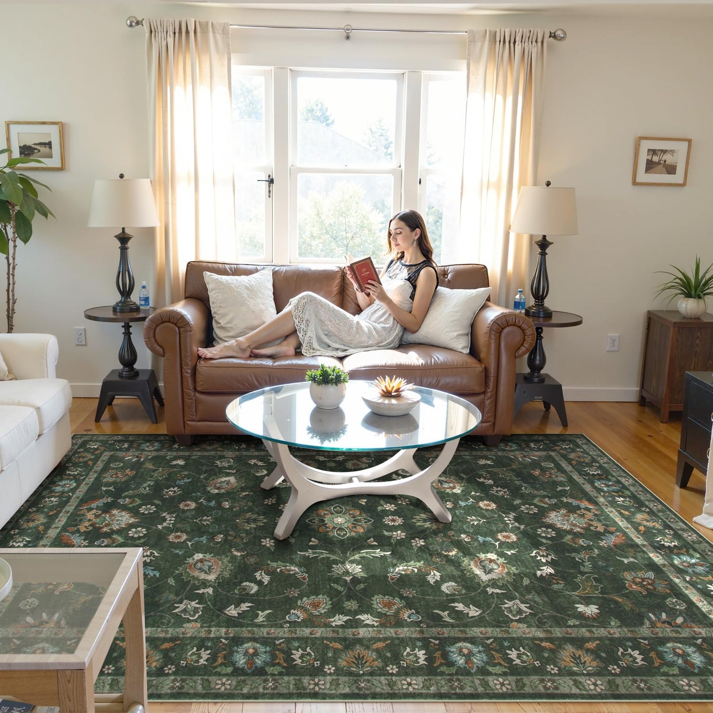 Hedlive 6' x 9' Vintage Floral Area Rug, Washable Green Living Room Rug with Non-Slip Backing, No Shedding, Stain Resistant Carpet for Bedroom Dining Room Under Table Home Office Apartment