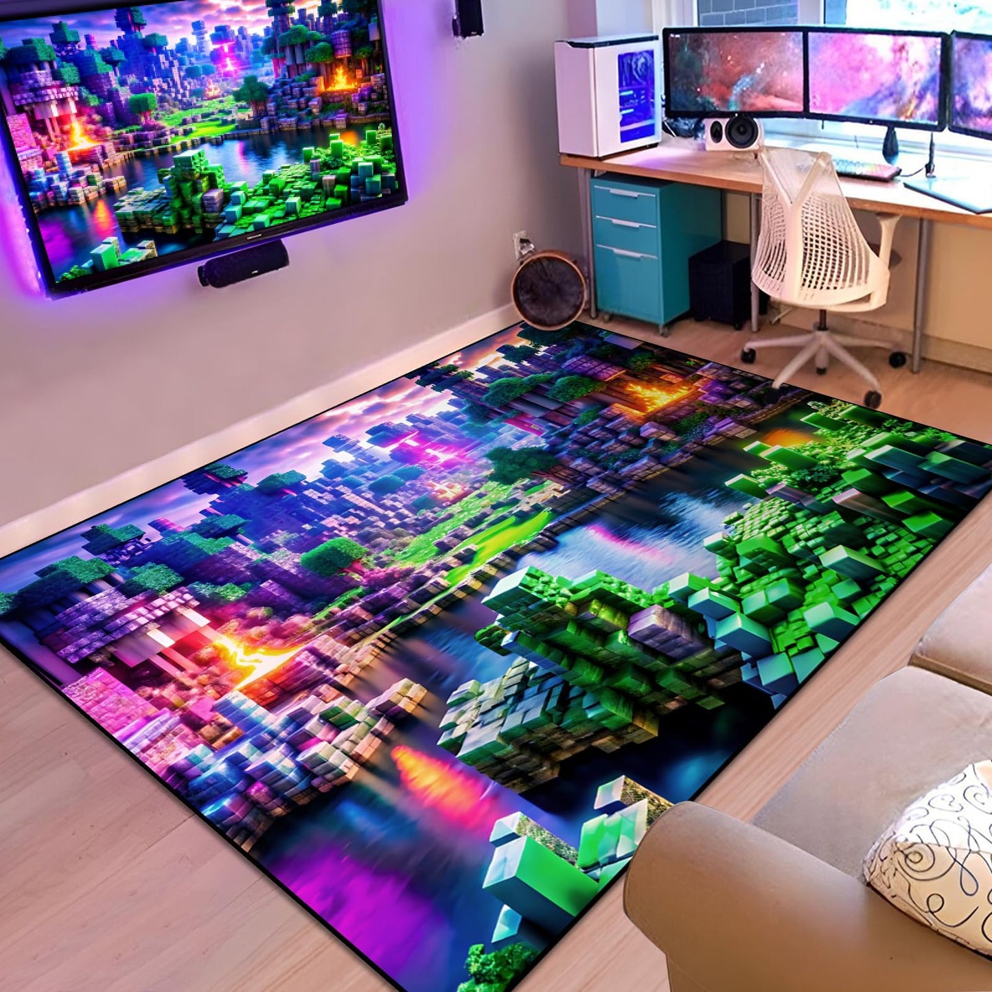 Block Game Rug Teen Kids Carpet, Pixel Games Scene Decoration Mat, Washable Cube Block Game Rugs for Boy's Bedroom Living Room Playroom, Non-Slip Children Gaming Area Rugs, Purple Field, 63" x 47"