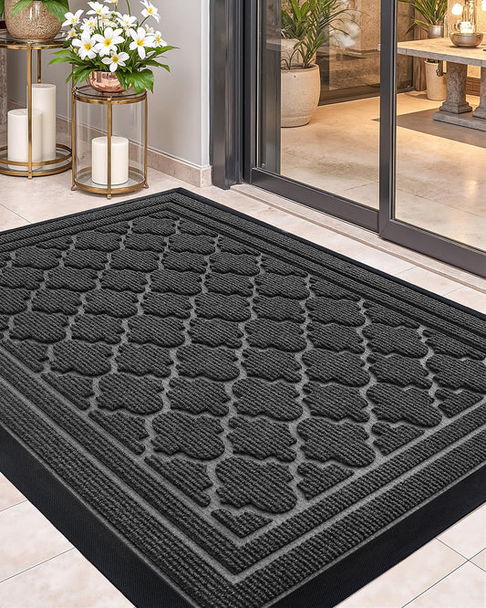 Color&Geometry Front Door Mat Outside Entrance, 24"x48" Heavy Duty Non Slip Low Profile Doormat, Dirt and Moisture Trapping Welcome Mats for Front Door, Entryway, Patio, Garage, Grey Geometric