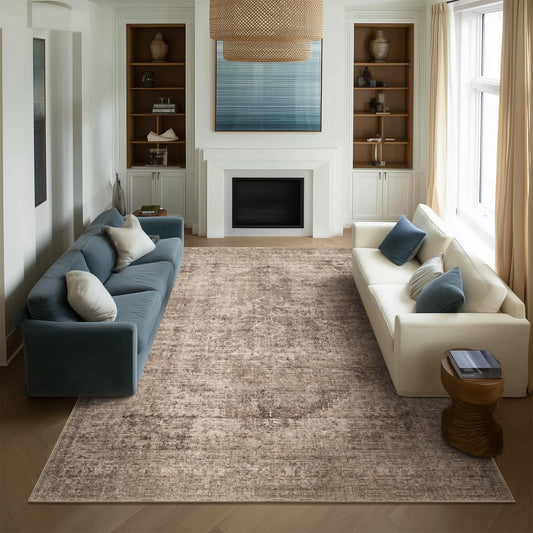 Machine Washable Rugs for Living Room: 10x14 Area Rugs for Bedroom Ultra Soft Non-Slip Low Pile Vintage Distress Boho Large Carpet for High-Traffic Dining Room - Farmhouse Decor