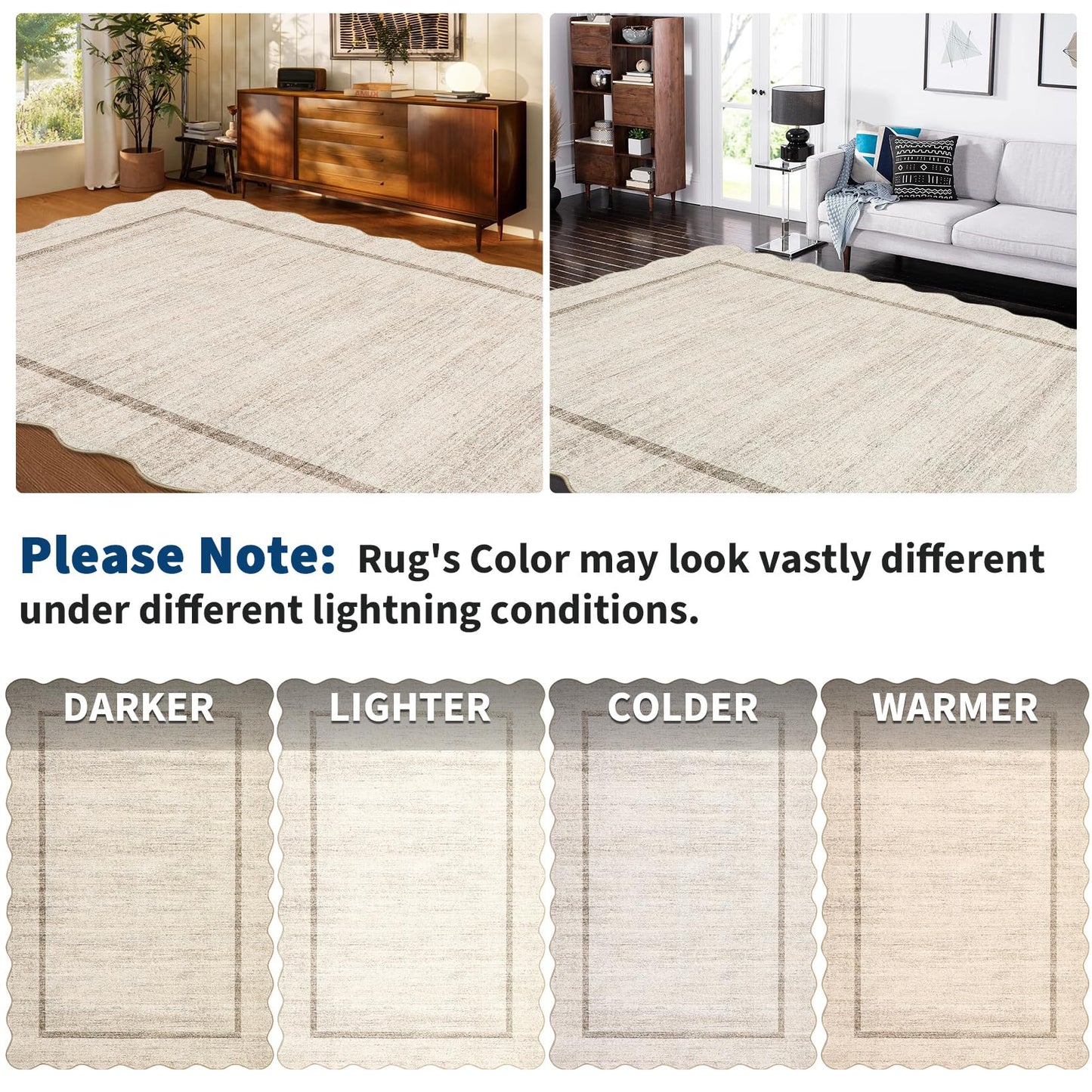 GarveeHome Scalloped Round Washable Rug, Soft Modern Round Rugs 5 ft Circle Carpets for Bedroom Ultra-Thin, Boho Beige Print Distressed Circular Carpet for Living Room Dorm Bedside, Beige