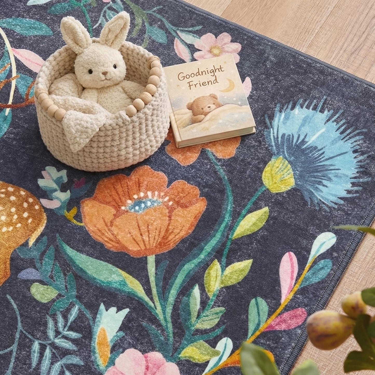 jinchan Moonrise Area Rug 5x7 Kids Room Rug Washable Unicorn Rug Soft Non-Slip Low Pile Fairytale Woodland Animals Floral Carpet for Classroom Nursery Playroom Bedroom Living Room Midnight Navy Blue
