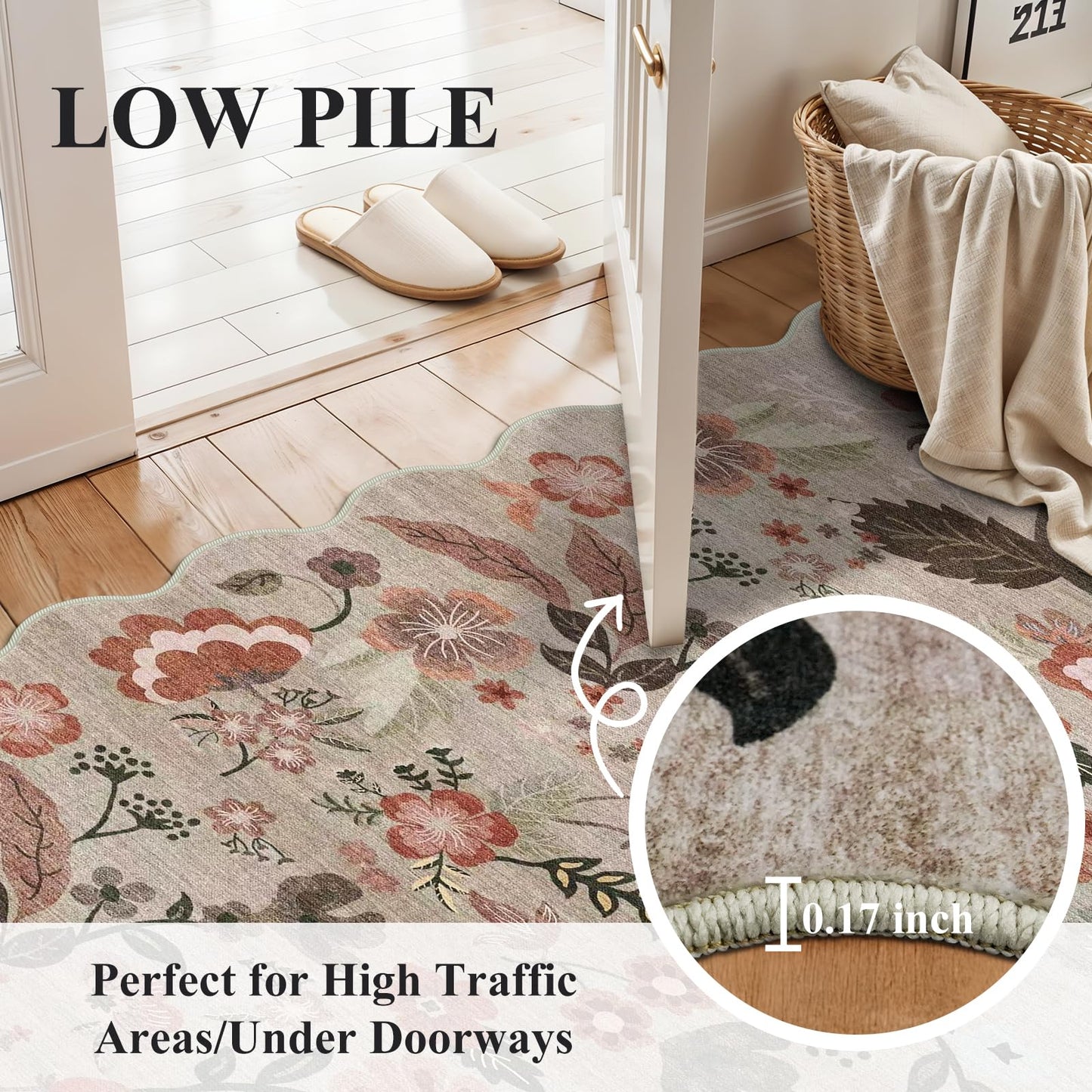 2x8 ft Non-Slip Washable Hallway Runner Rug – Boho Vintage Floral Carpet Runner for Kitchen, Bathroom, Bedroom & Entryway – Low-Pile Thin Soft Rug with Scalloped Edge (Beige Brown, 2x8)