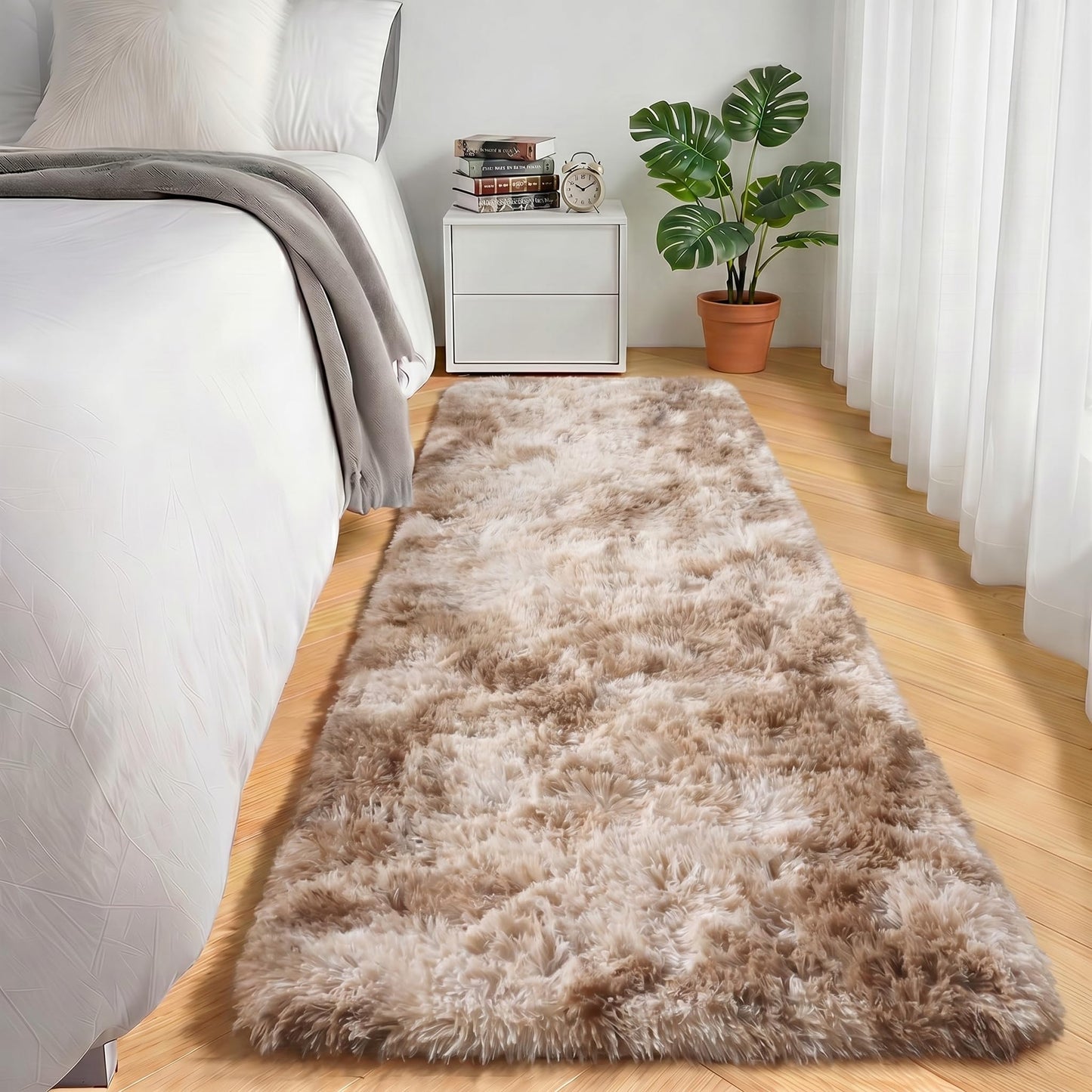 ONASAR Runner Rugs for Bedroom Living Room, Tie-Dyed Beige 2x6 Bedside Hallway Fluffy Area Rug, Ultra Soft Plush Furry Faux Fur Non Slip Floor Carpet for Nursery Kids Dorm Closet Home Decor