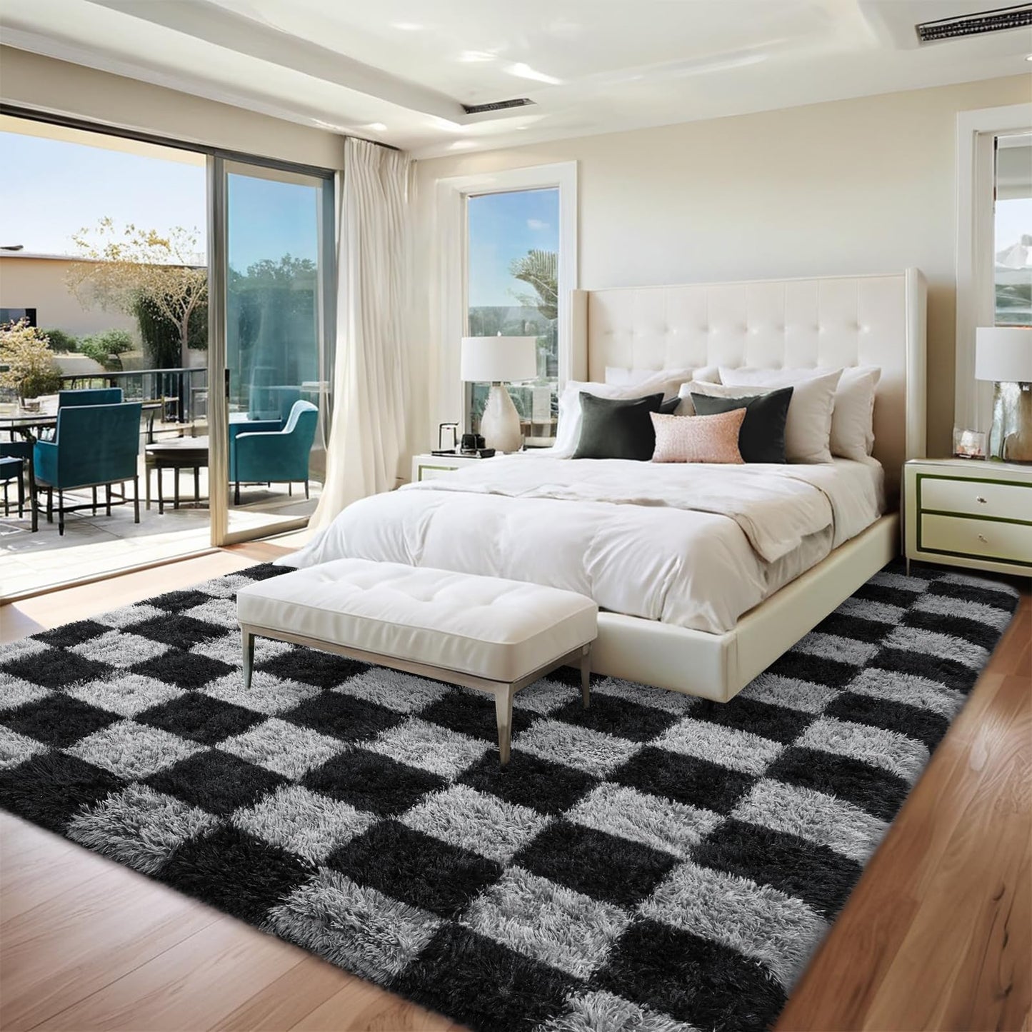 FALARK Rugs for Living Room Bedroom, 6x9 ft Black and Grey Checkered Area Rug, Fluffy Soft Washable Carpet, Modern Non-Slip Shag Carpets for Dorm Home Decor Aesthetic, Nursery, Playroom