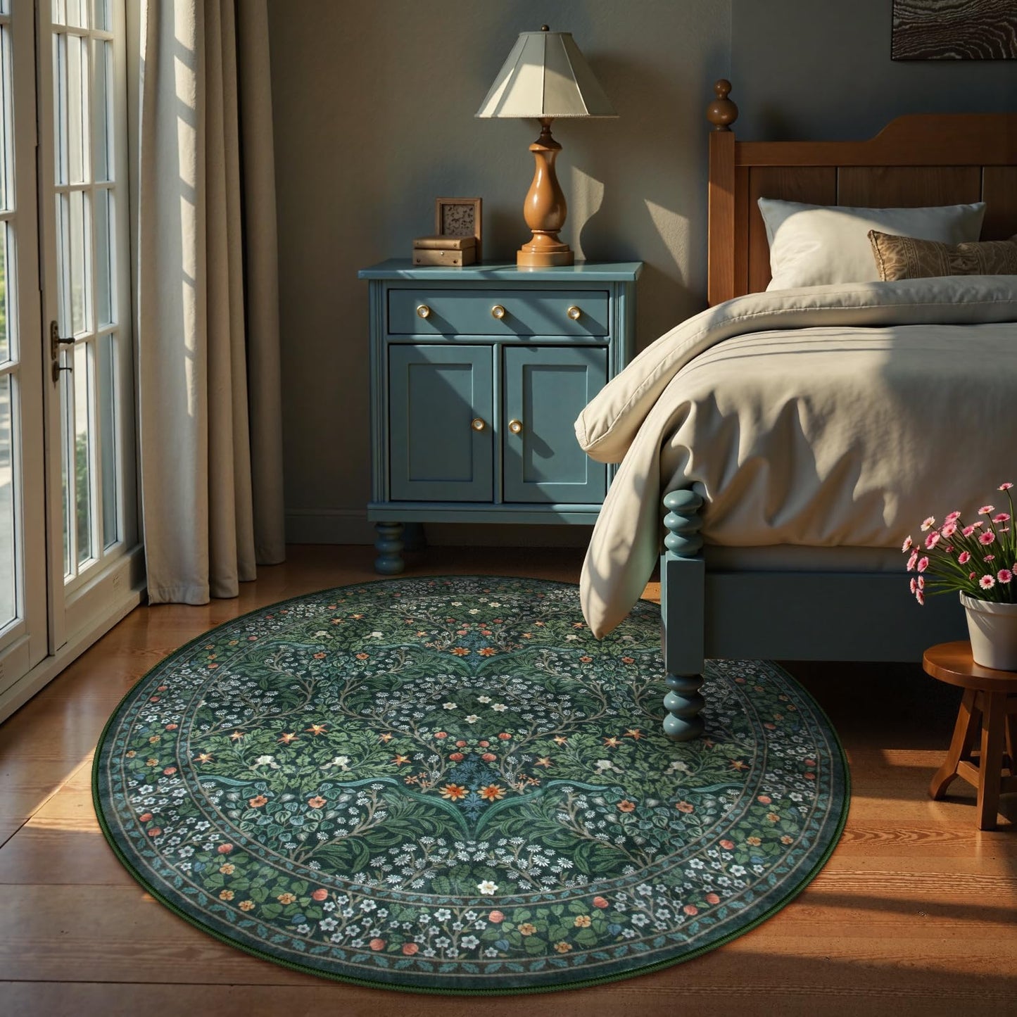 Lahome Floral Washable Round Area Rug, Soft Round Rugs 6ft Ultra-Thin Non-Slip, Boho Stain Resistant Large Circle Carpet for Bedroom Living Room Kitchen Nursery Giverny, Dark Green