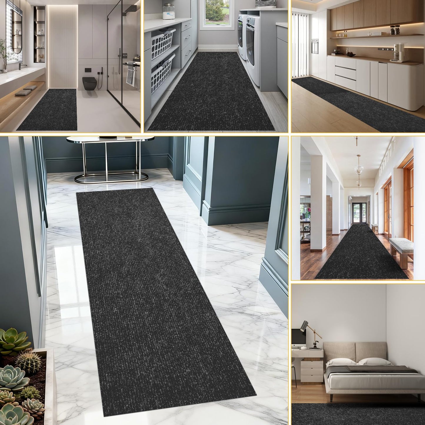 2x8 ft Outdoor Runner Rug, Non-Slip Indoor Outdoor Carpet Runner with TPR Backing, Waterproof Mat for Hallway, Kitchen, Patio, Garage, Deck, Entryway, Black Fine Stripes