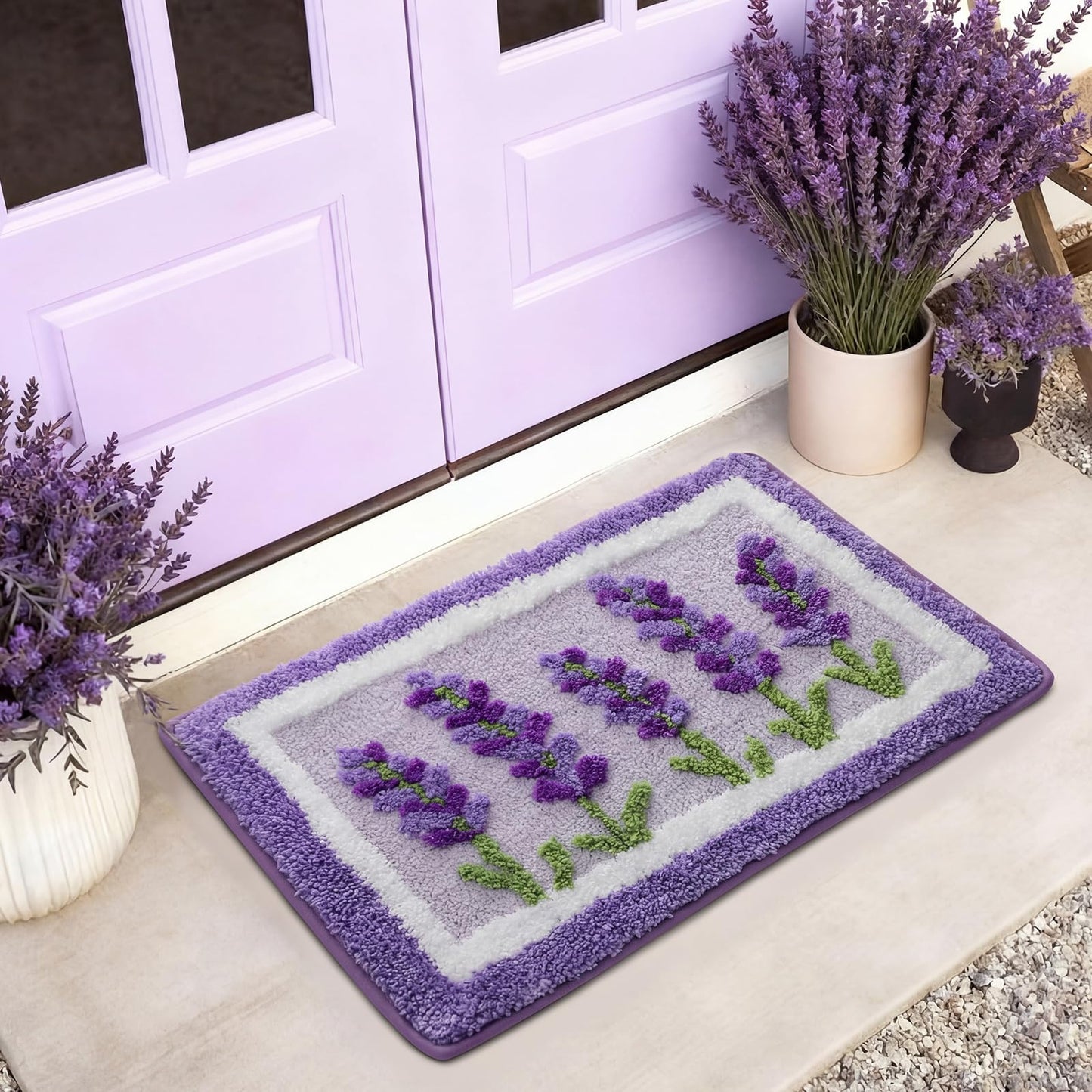 Boao Lavender Purple Bath Mat Floral Tufted Bathroom Rug Lilac Spring Flowers Non Slip Soft Absorbent Lavender Bathroom Decor Accessories for Bedroom Kitchen Floor Tub Shower Sink, 24 x 16 Inches