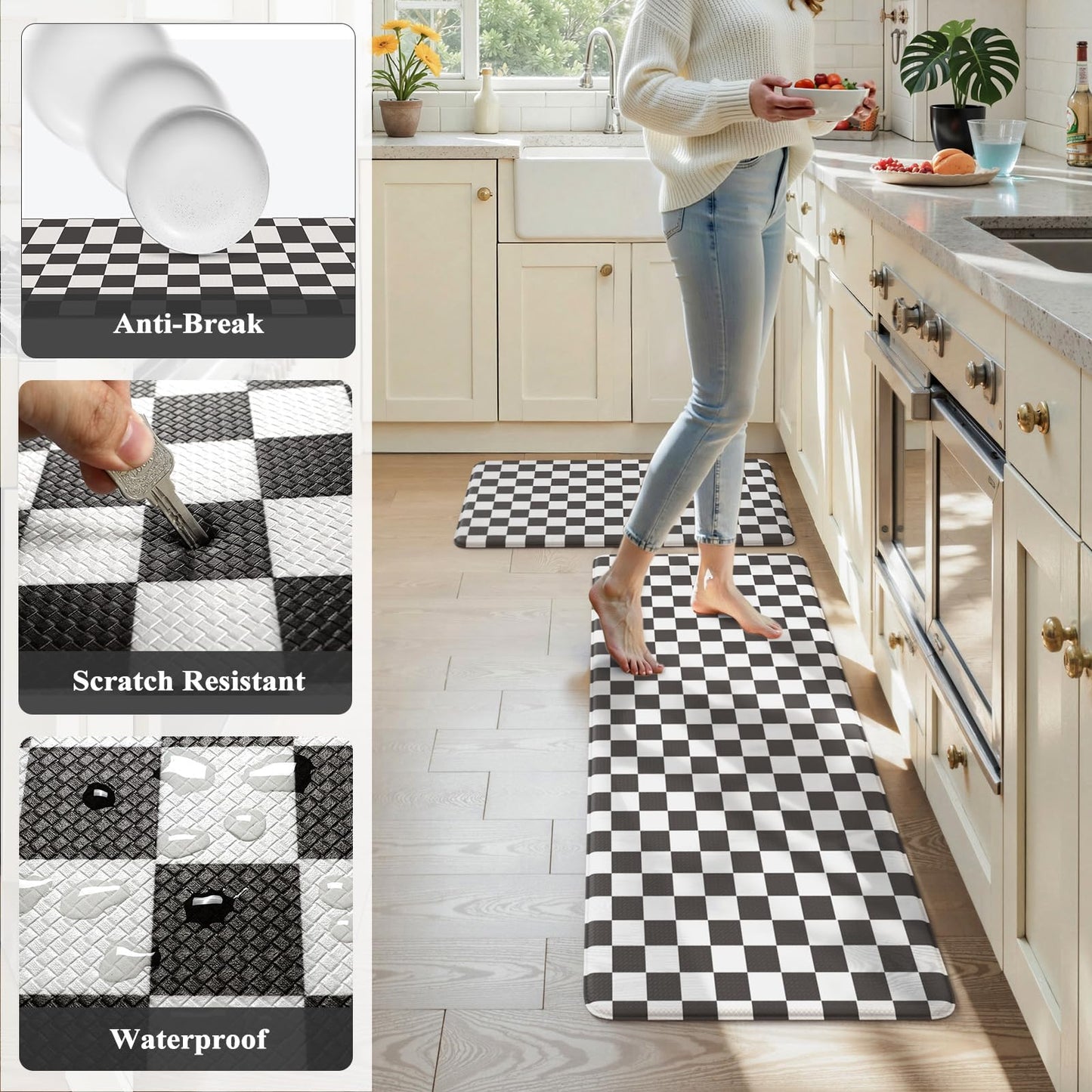 KIMODE Anti Fatigue Kitchen Mat for Floor, 17"x47"+17"x29" Checkered Kitchen Rugs Sets of 2, Kitchen Floor Mats Non-Slip, Cushioned Standing Desk mat for Sink Laundry Office Black and White