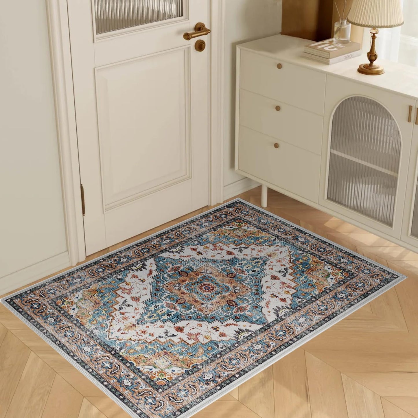 YLAREE Washable Rug Small Entryway Area Rug Non Slip Indoor Door Mat 2x3 Entrance Stain Resistance Low Pile Throw Rugs for Inside Front Door Floor Bedroom Kitchen Entry, Blue Brown