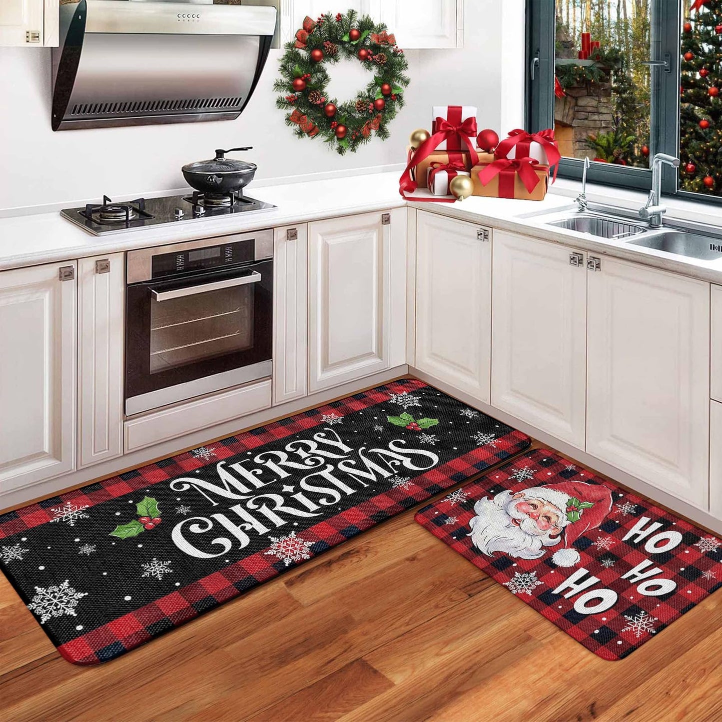 RUIZHUO Christmas Kitchen Rugs Set of 2 Plush Velvet Mats Xmas Floor Decor for Holiday Home Non Slip Kitchen Bathroom Rugs 16x24+16x48 Inch (Santa Claus)