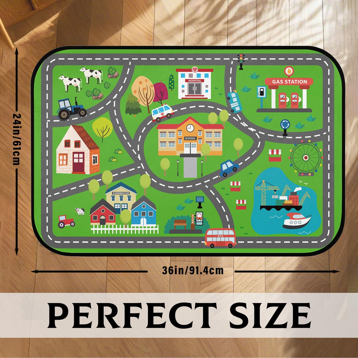 Kids Play Mat Rug, 36"x24" Low Pile City Road Traffic Carpet, Educational Toddler Playmat with Farm & Vehicle Scene, Non-Slip Washable Floor Rug for Playroom Bedroom Nursery, Ideal Gift for Boys Girls