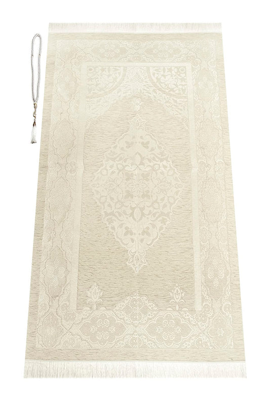 ihvan online Muslim Prayer Rug with 99 Beads Tasbih, Soft Chenille Sajadah, Lightweight & Foldable Janamaz, Portable Travel Prayer Mat, Islamic Gift for Eid, Ramadan, Hajj & Umrah, Cream