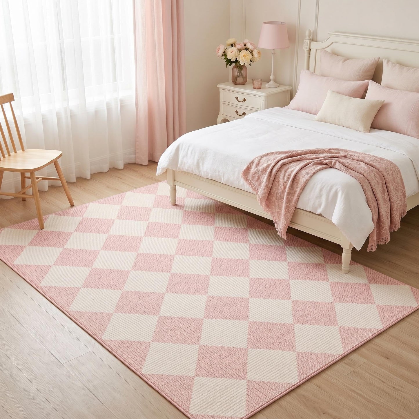 GarveeHome 6x9 Modern Checkered Area Rug, Pink Geometric Farmhouse Washable Rugs for Living Room Bedroom, Soft Low Pile Non Slip Diamond Floor Mat Plaid Print Throw Rug Indoor Carpet