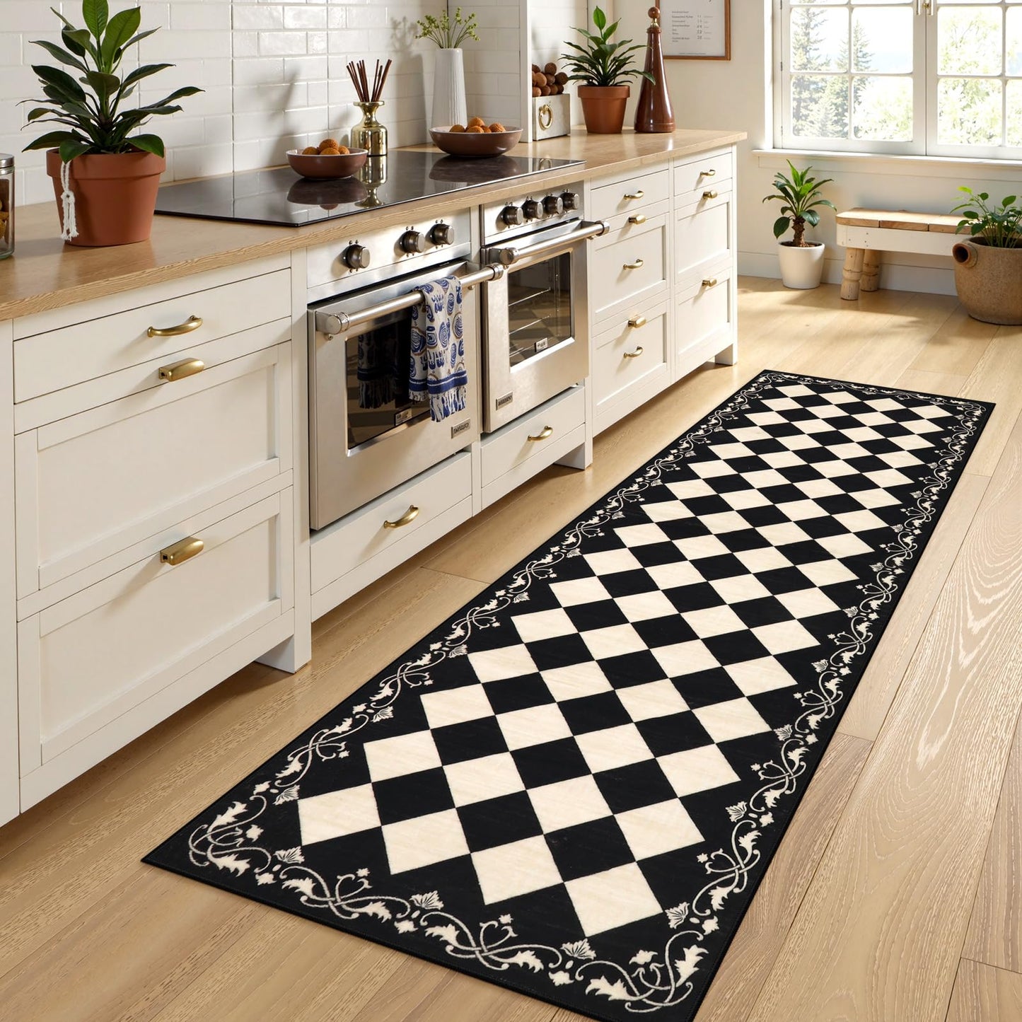Beeiva Checkered Bathroom Runner Rug 2x6, Black and White Washable Runners for Hallways Non Slip, Moroccan Trellis 2x6 Rug for Besides Laundry Kitchen, Checkerboard Stain Resistant Bathroom Decor