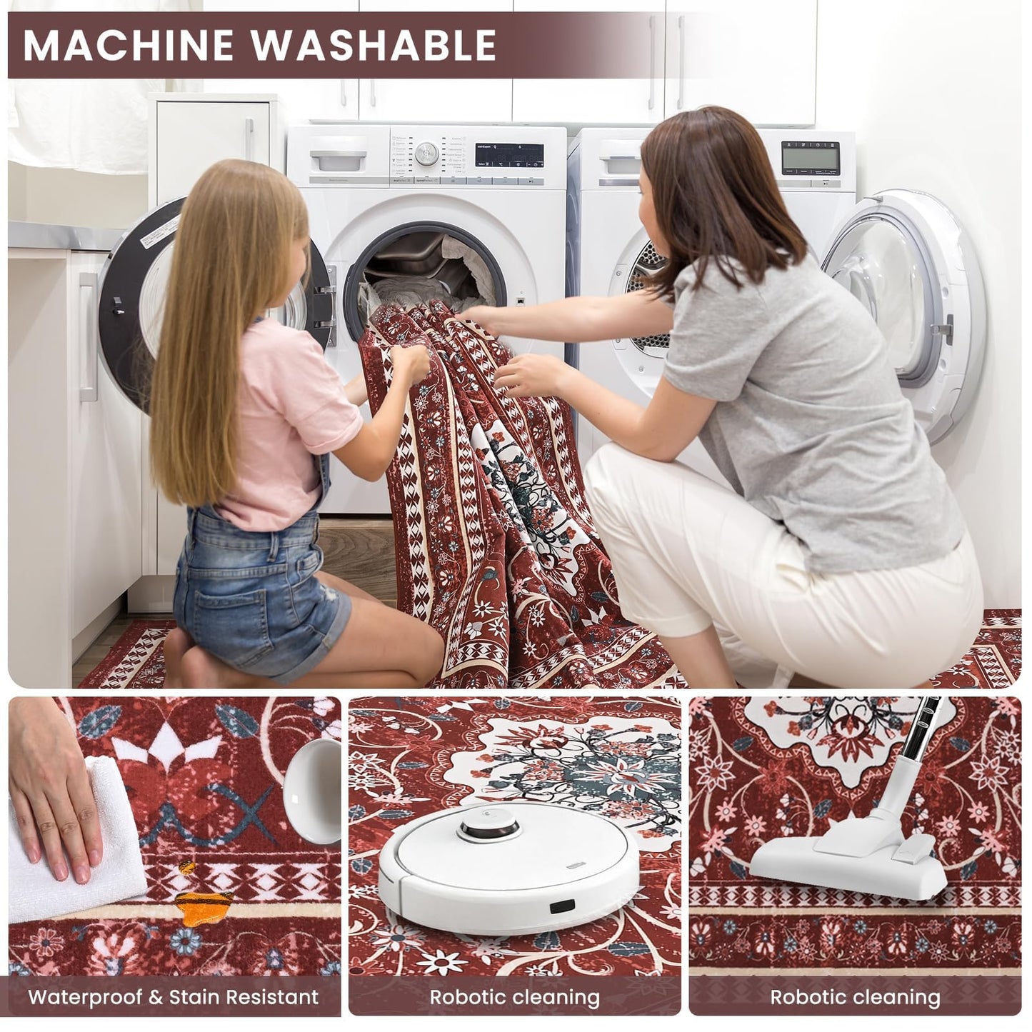 BLEUM CADE 5' x 7' Red Boho Rugs for Living Room, Washable Low Pile Non-Slip Area Rugs for Bedroom Dining Room Kitchen Classroom Office Nursery Playroom