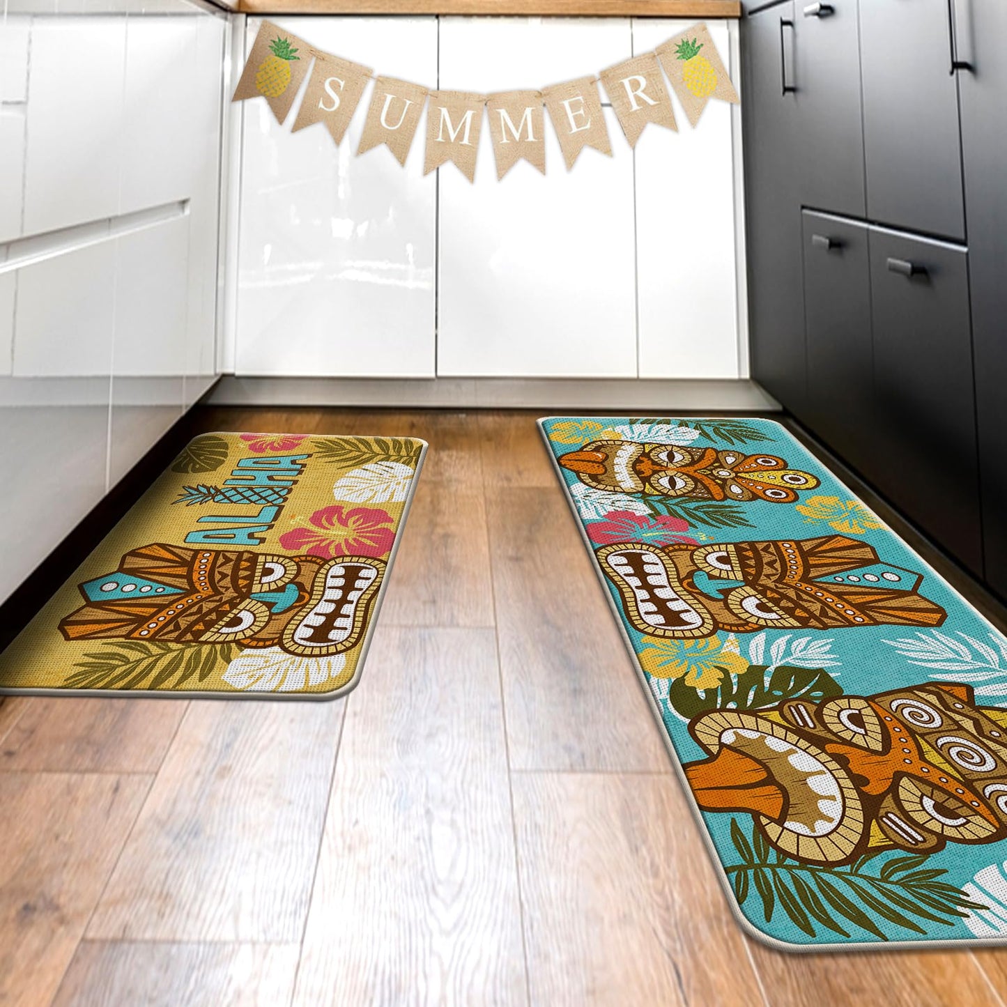 Tailus Aloha Summer Tiki Kitchen Rugs Set of 2, Tropical Palm Leaves Yellow Blue Kitchen Mats Decor, Hawaii Hibiscus Flower Pineapple Seasonal Floor Door Mat Home Decorations -17x29 and 17x47 Inch