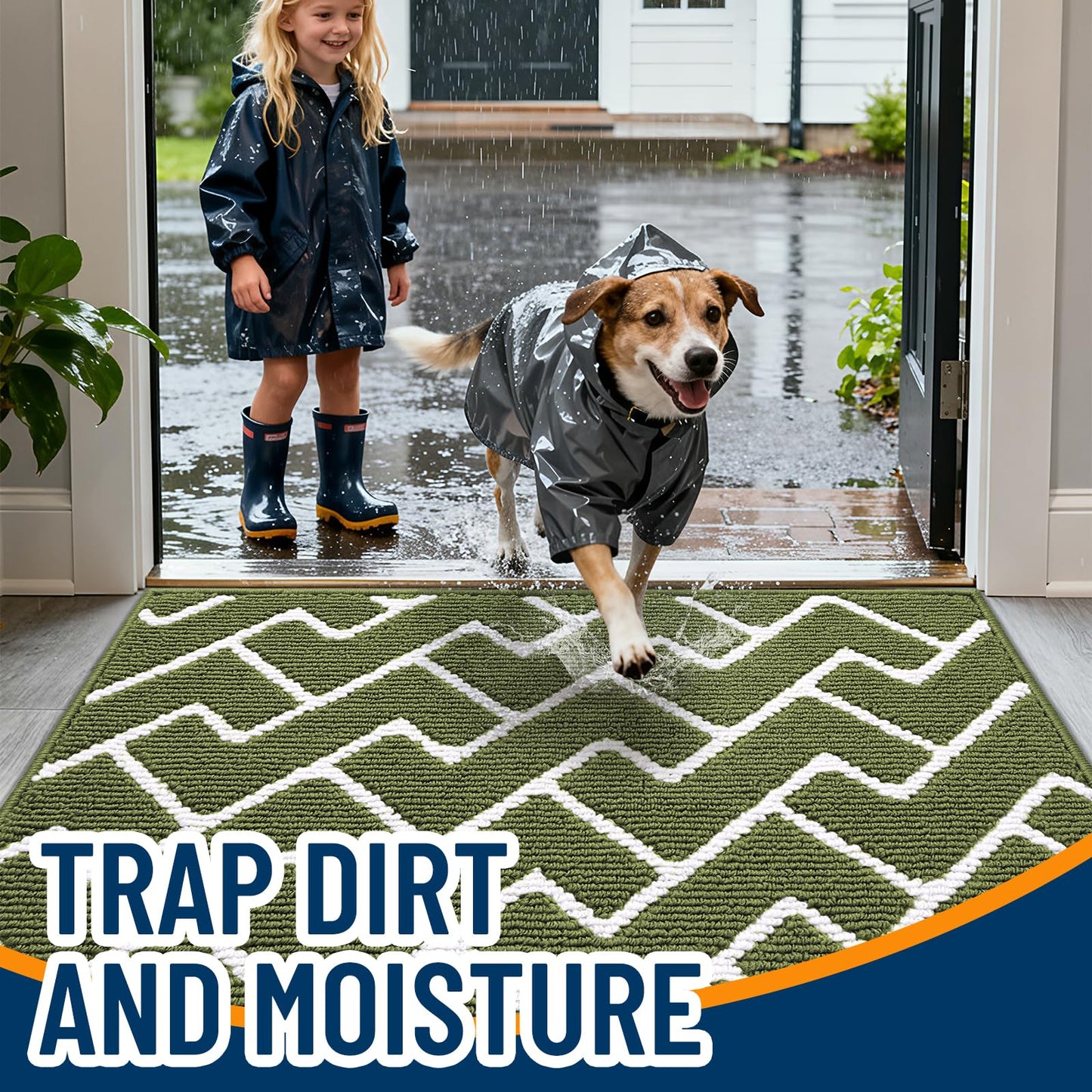 OLANLY Front Door Mat, Non-Slip Rubber Backing, Dirt Resistant and Absorbent, Washable, Easy to Clean Low-Profile Indoor Doormat for Back Door, Entryway, Inside Entrance, 48x32, Green