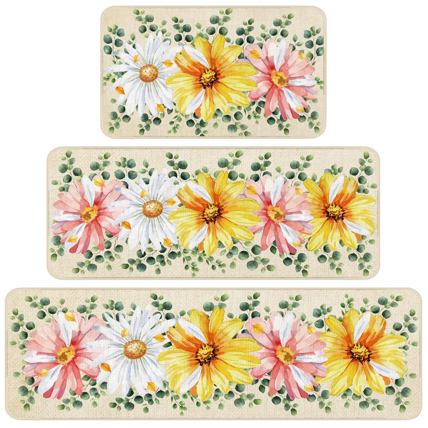 Bencailor 3 Pcs Spring Kitchen Rugs and Mats Set Daisy Non Slip Farmhouse Spring Cabin Mats for Floor Home Bathroom Decor