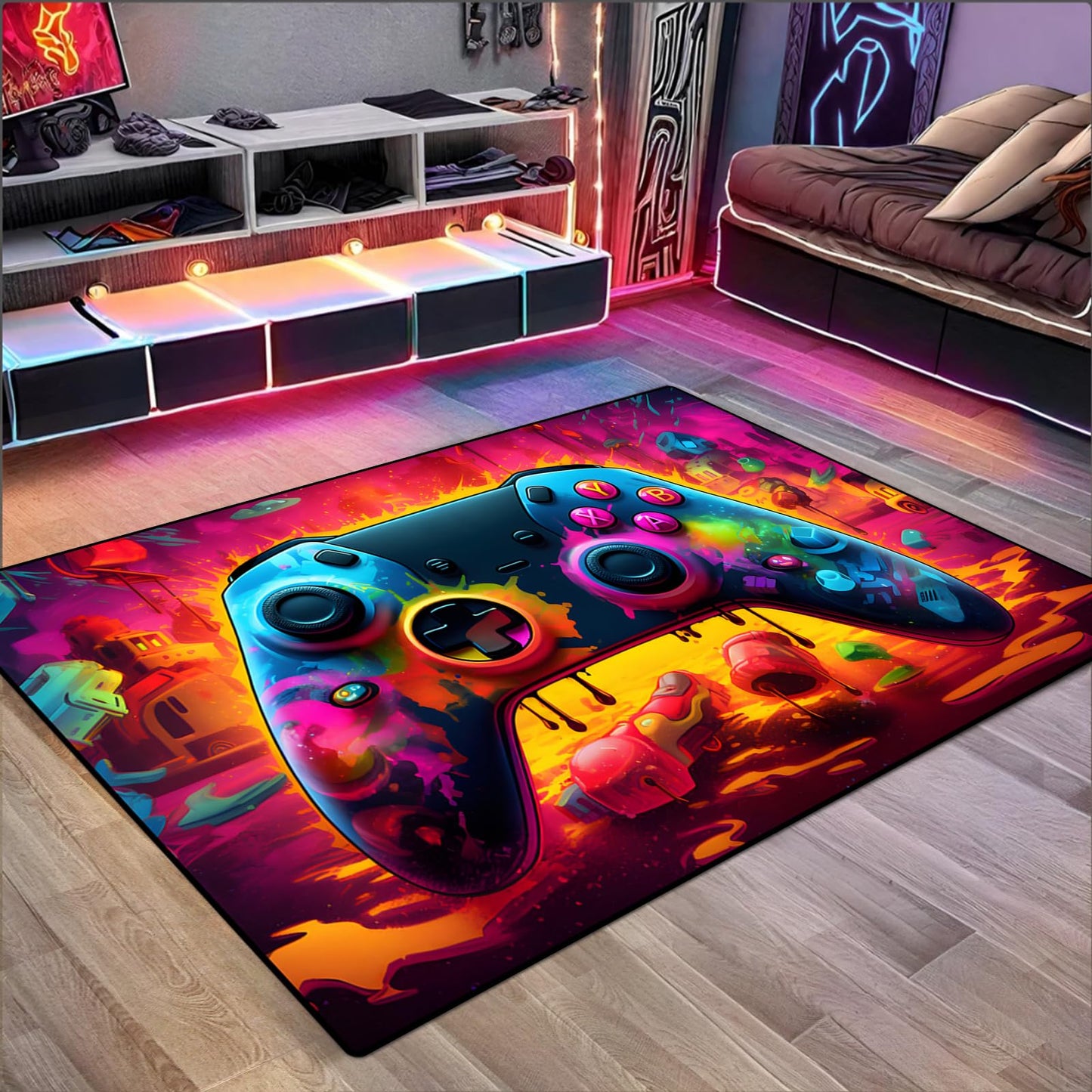 Gaming Area Rug Teen Boys Carpet, Lava Design Gamepad and Colorful Bomb Background Game Controller Design for Game Room, Gaming Room, Boys Girls Bedroom Playroom, Living Room (60"x40" - 150x100cm)