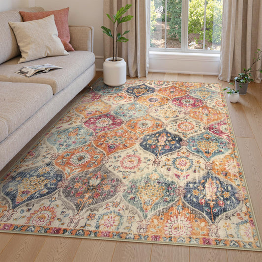 Lahome Moroccan Trellis Washable Area Rugs 5x7, 5x7 Area Rugs for Living Room Bedroom, Indoor Non-Slip Large Oriental Throw Carpet for Kitchen Entryway Bathroom Office Elise, Cream/Multi
