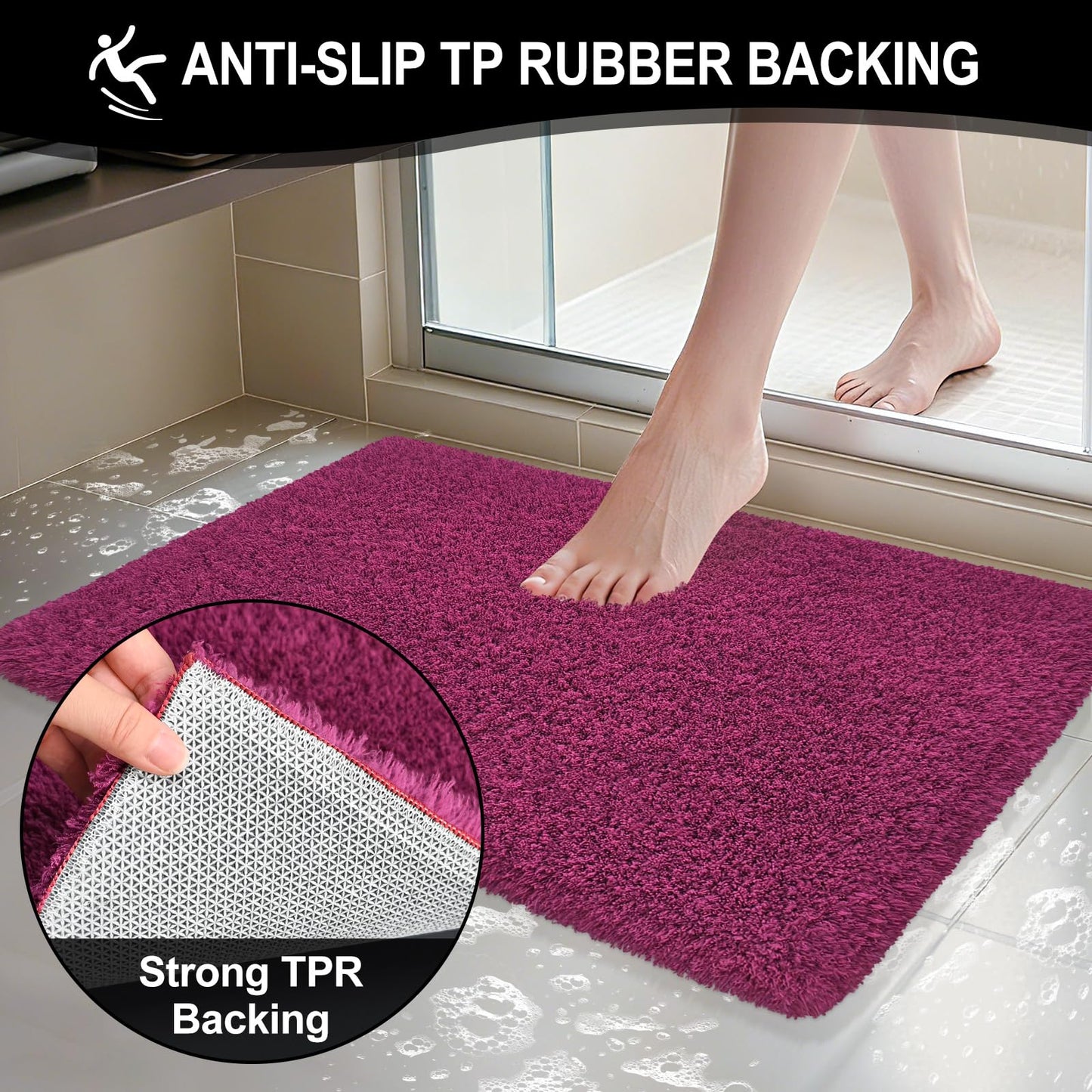 ATRUG Bathroom Rugs 24"x17", Burgundy Extra Soft Absorbent Bath Mat, Rubber Backing Quick Dry, Machine Washable Microfiber Bath Rugs for Bathroom Floor, Shower, Bedroom, Tub