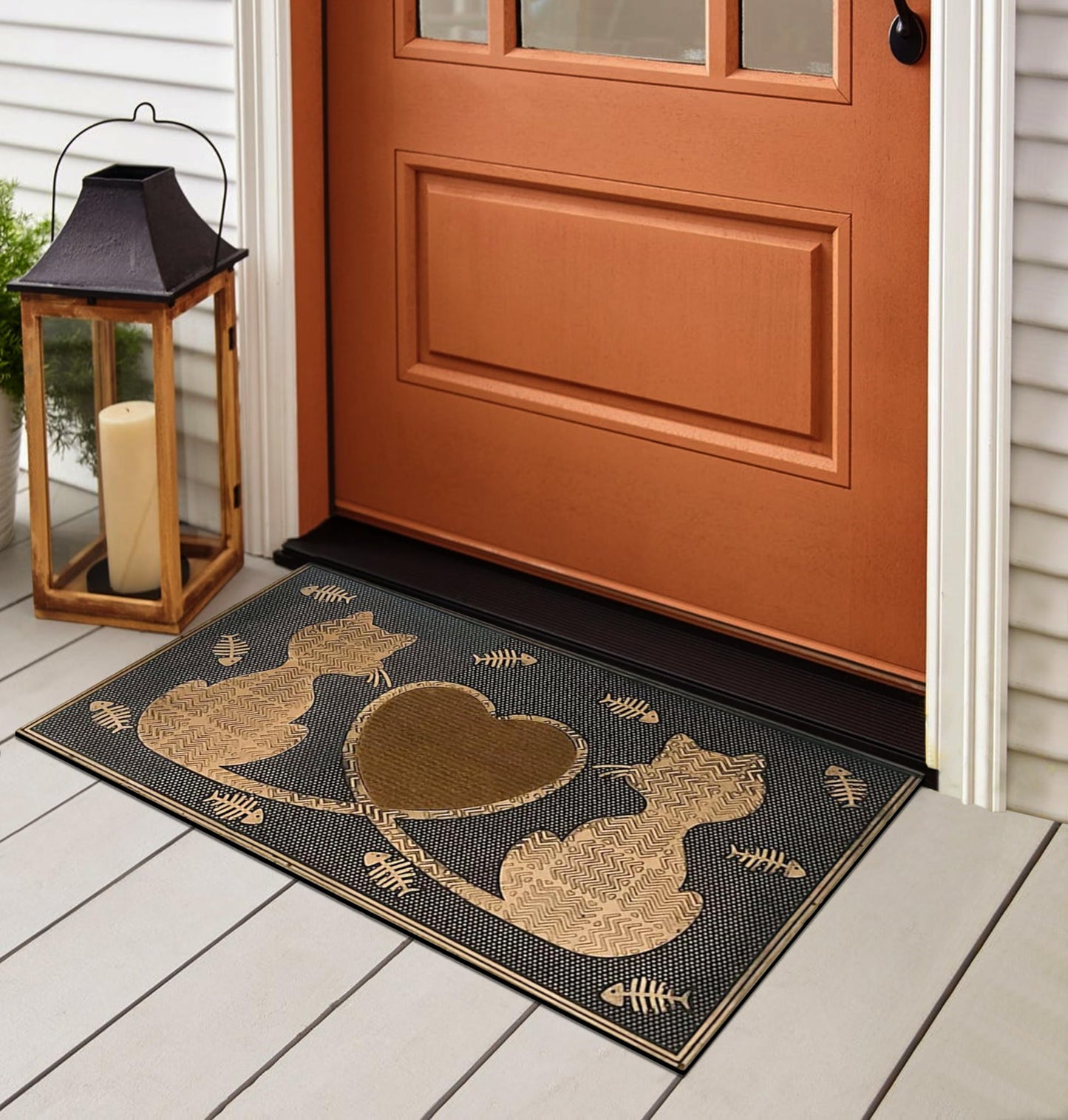 A1HC Rubber Welcome Doormat for Outdoor Indoor Entrance, Non-Slip Backing Front Door Mat for High Traffic Area Use, Fun Designed Entrymat, 18"x30" Twin Cats Heart Copper