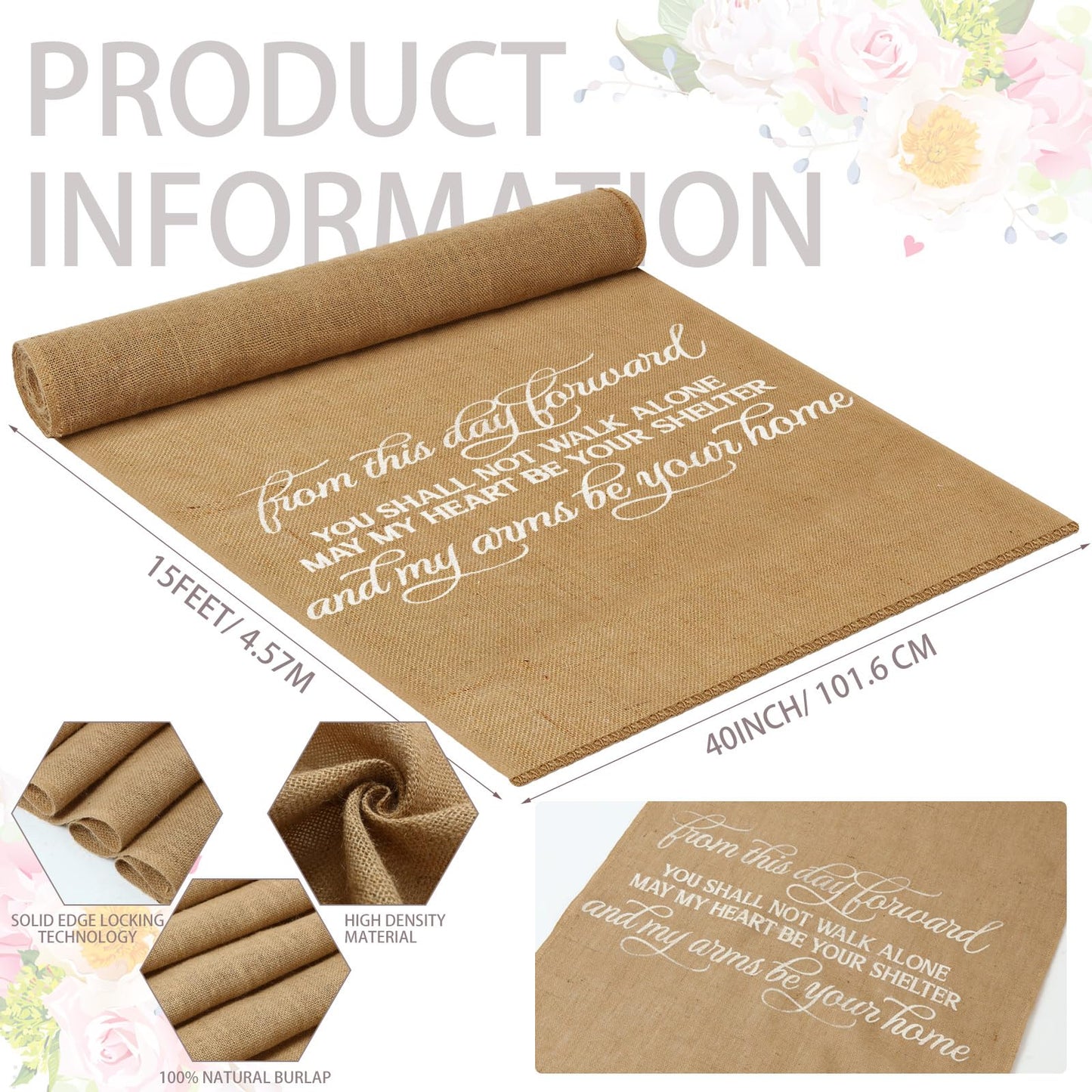 Tudomro 40 Inch x 15 Ft Extra Long Natural Burlap Wedding Aisle Runner Outdoor Jute Burlap Aisle Runner for Wedding Ceremony Rustic Indoor Carpet for Walkway (Stylish Style)