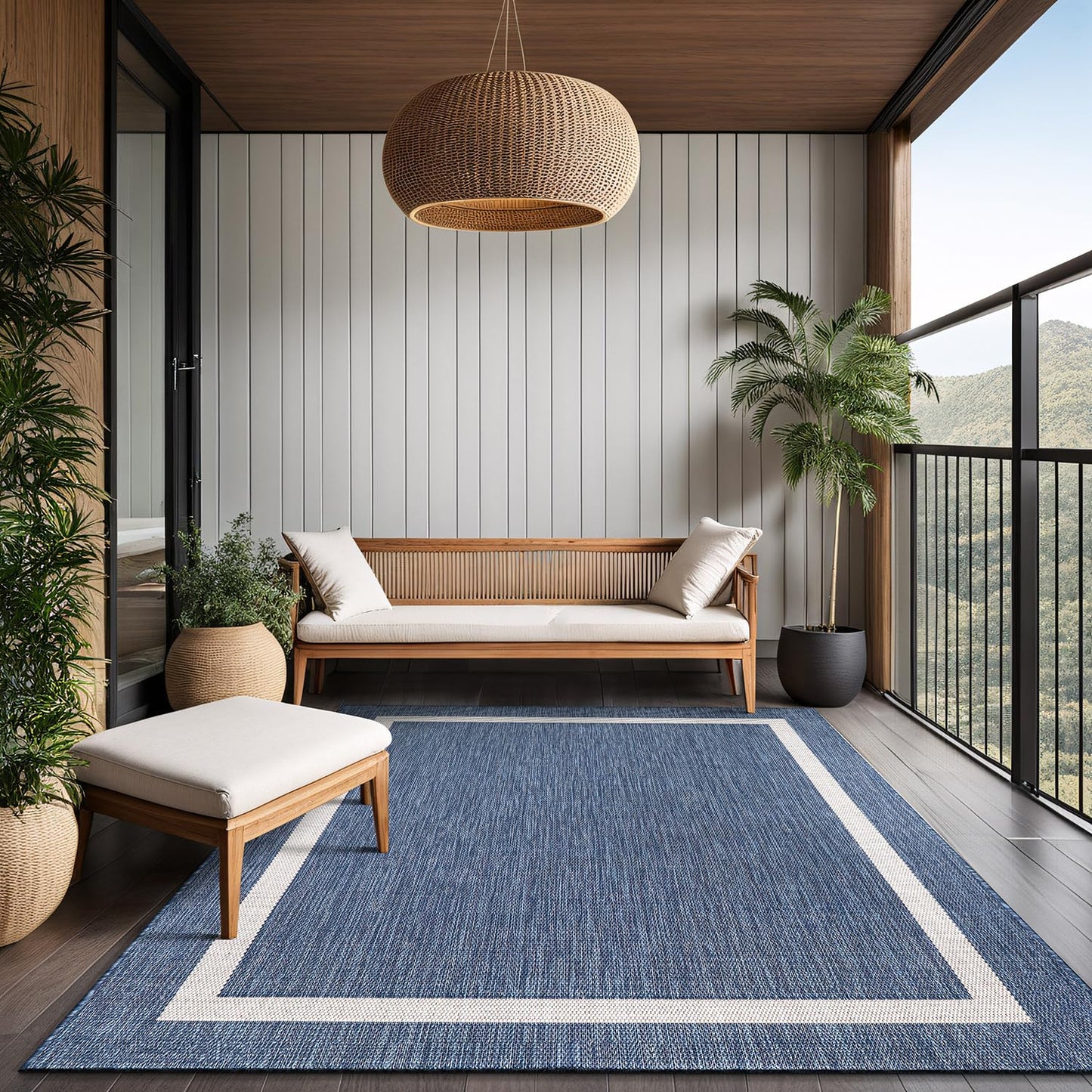 Luul Home Bordered Outdoor Rug 6x9 Washable Outside Carpet for Indoor Patio Porch Waterproof Easy Cleaning Non Shedding Area Rugs Blue 6 x 9