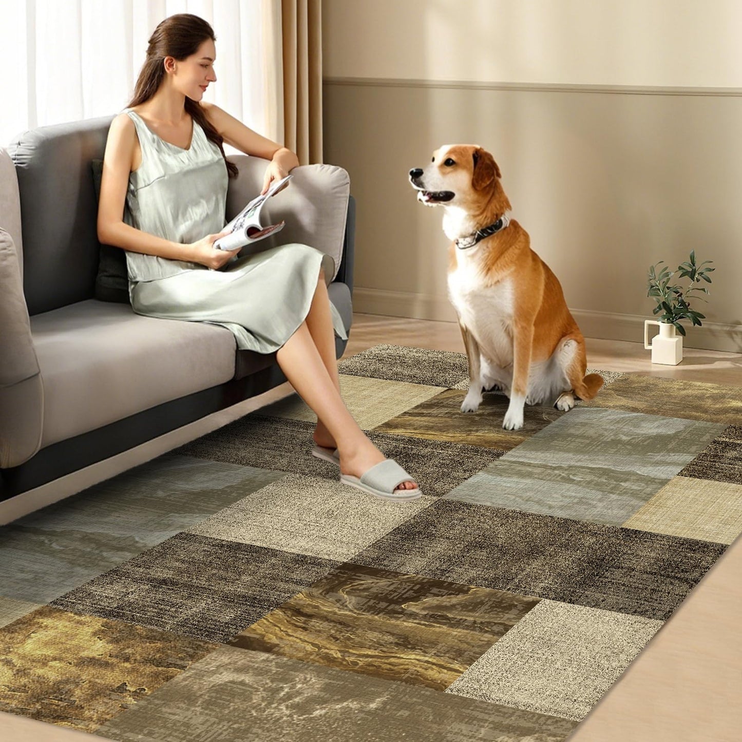 3×5 Washable Modern Checkered Abstract Area Rugs,Non-Slip Backing with High Traffic Carpet for Bedroom,Living Room,Office,Dining Room and Farmhouse,Brown and Lt.Yellow