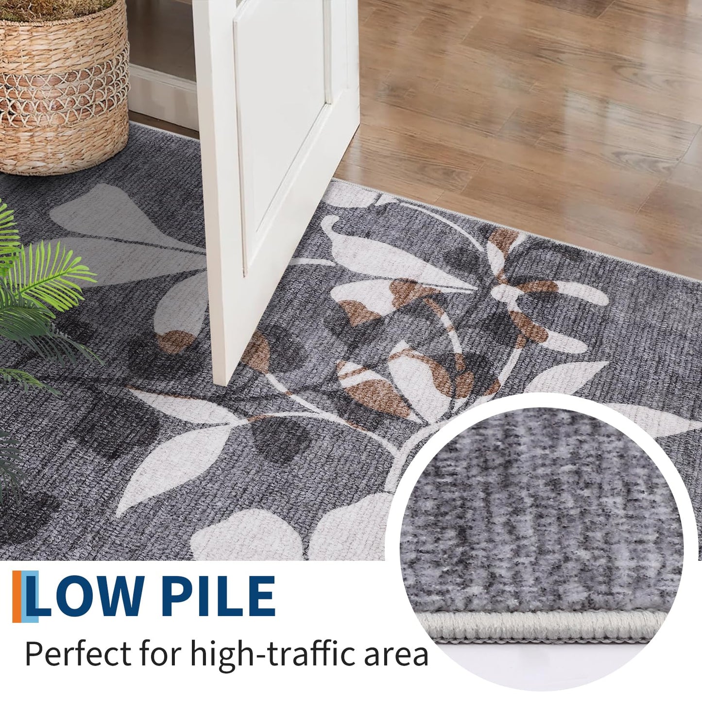 Garvee 5x7 Washable Living Room Rugs, Non Slip Bedroom Rugs, Large Floral Print Throw Carpet for Dining Room, Soft Low Pile Botanical Home Decor Rug for Nursery Home Office, Grey