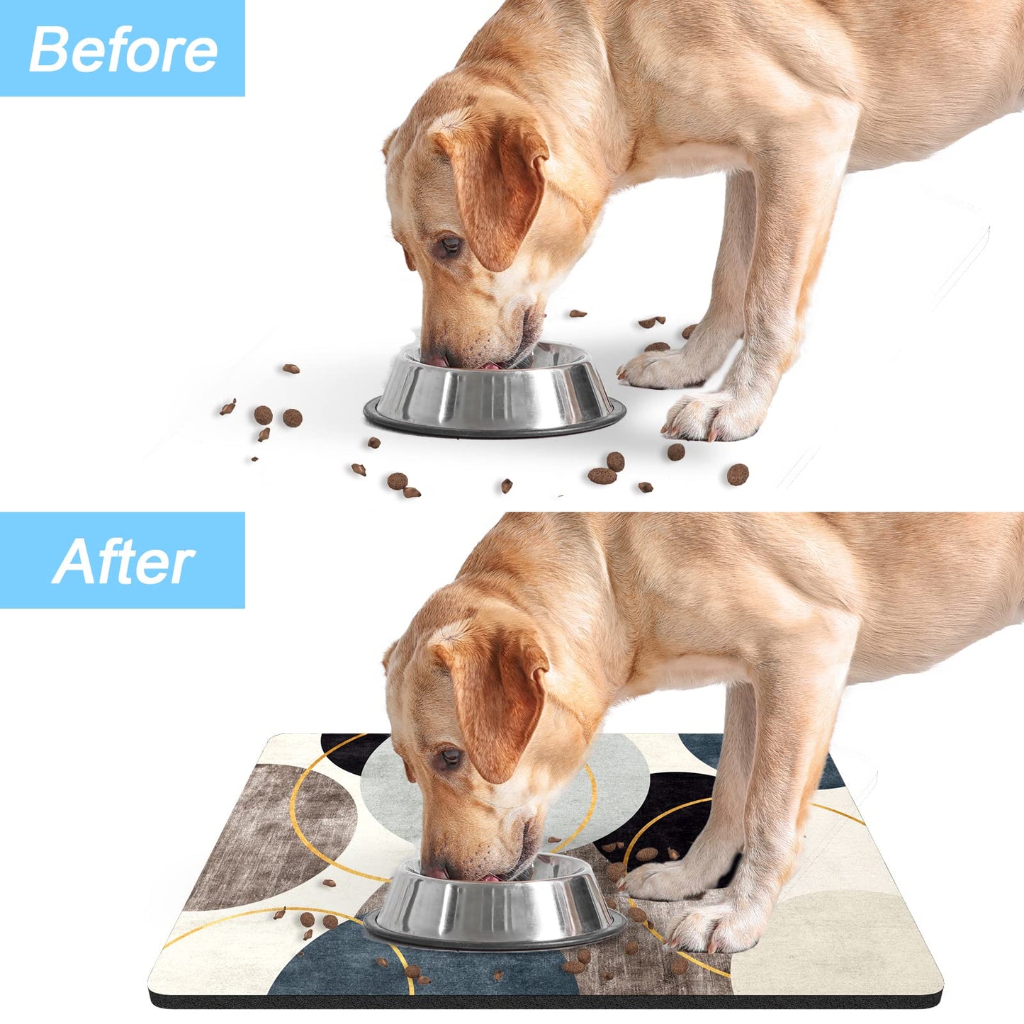 Rnivvi Dog Food Mat, 16" x 24" Boho Absorbent Dog Cat Bowl Mat for Food and Water, Cute Anti-Slip Rubber Pet Feeding Rug Protect Floors, Puppy Placemat for Feeding & Watering Supplies, Abstract Circle