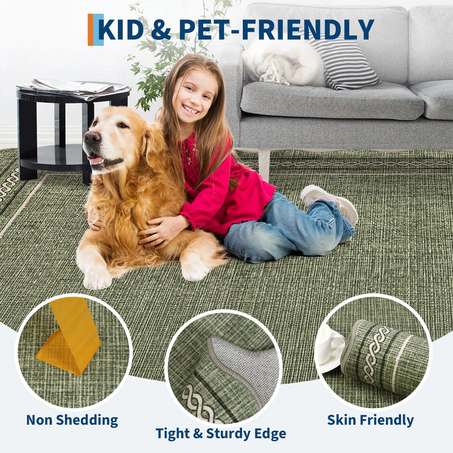 GarveeHome Scalloped Door Mat 2x3 Indoor Rugs for Entryway Washable Non-Slip Solid Small Rug Modern Soft Low-Pile Stain Resistant Carpet for Bedroom Kitchen Entrance Laundry, Green