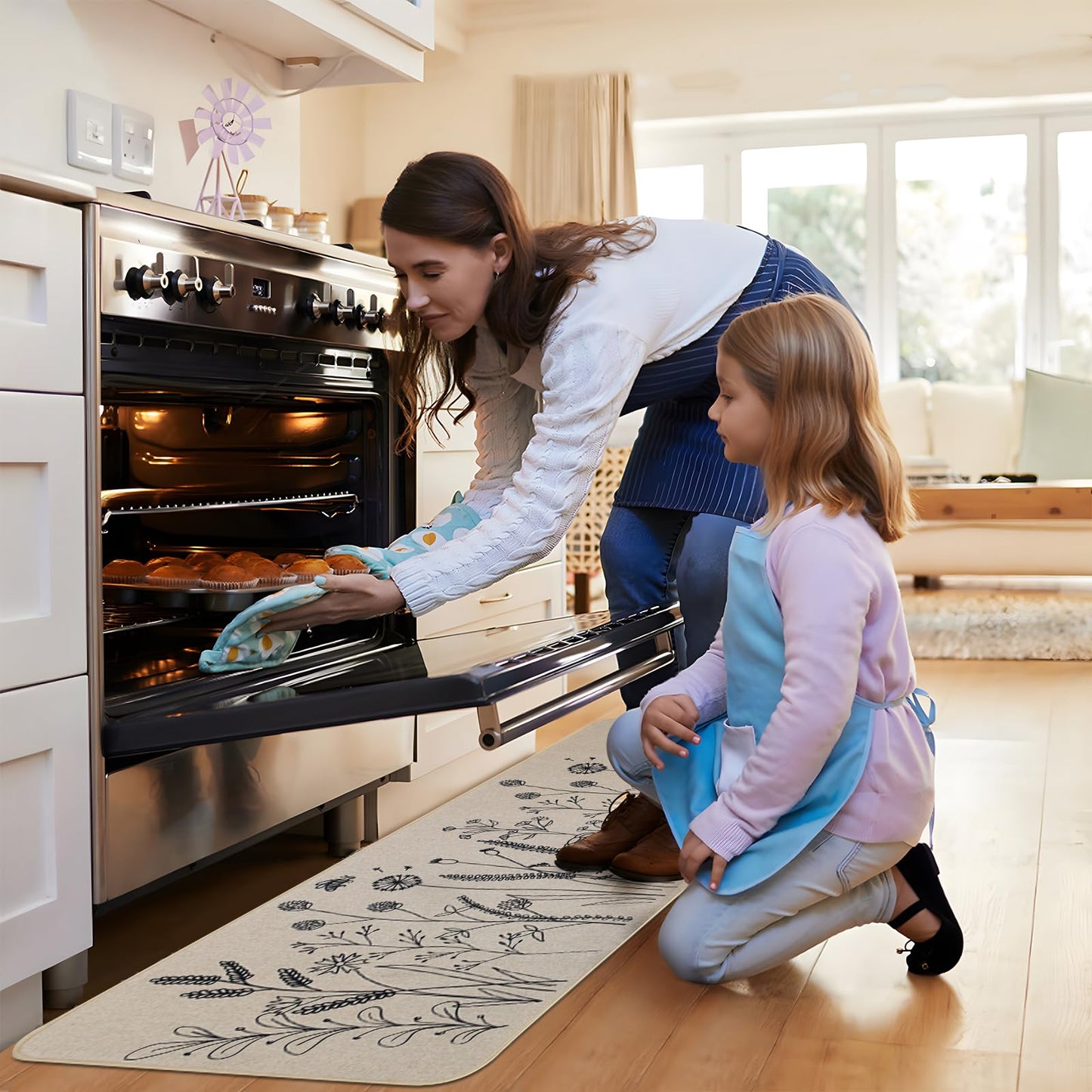 Mirok Kitchen Mats for Floor 2 Piece,Floral Plants Bee Spring Kitchen Rugs Sets of 2,Non Slip Kitchen Rug for Floor (Flowers/Grass Beige,17"x29"+17"x47")